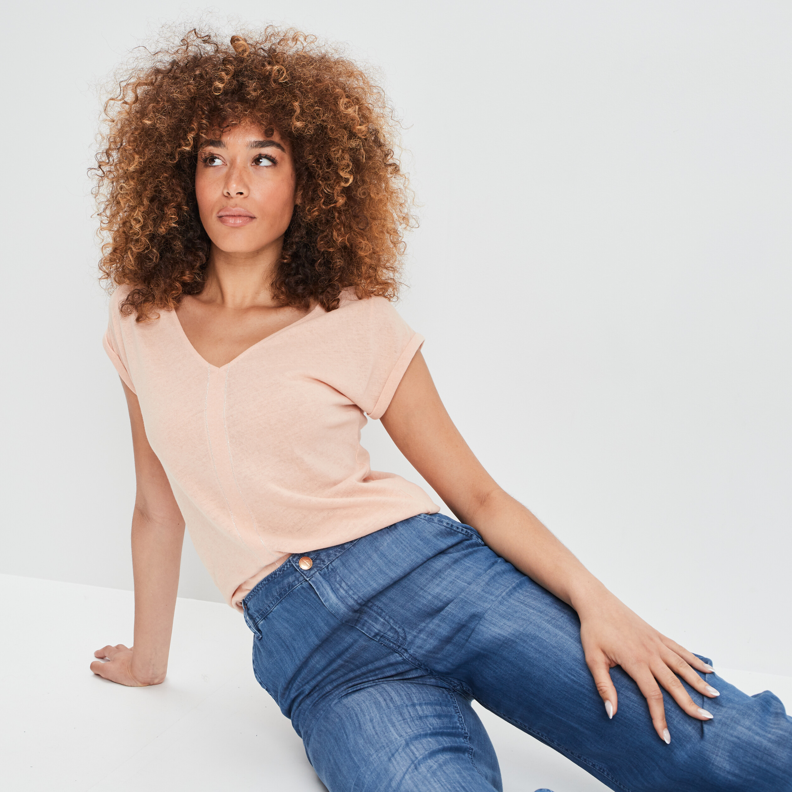 T-shirt en lin manches courtes rose poudrée femme | La Halle