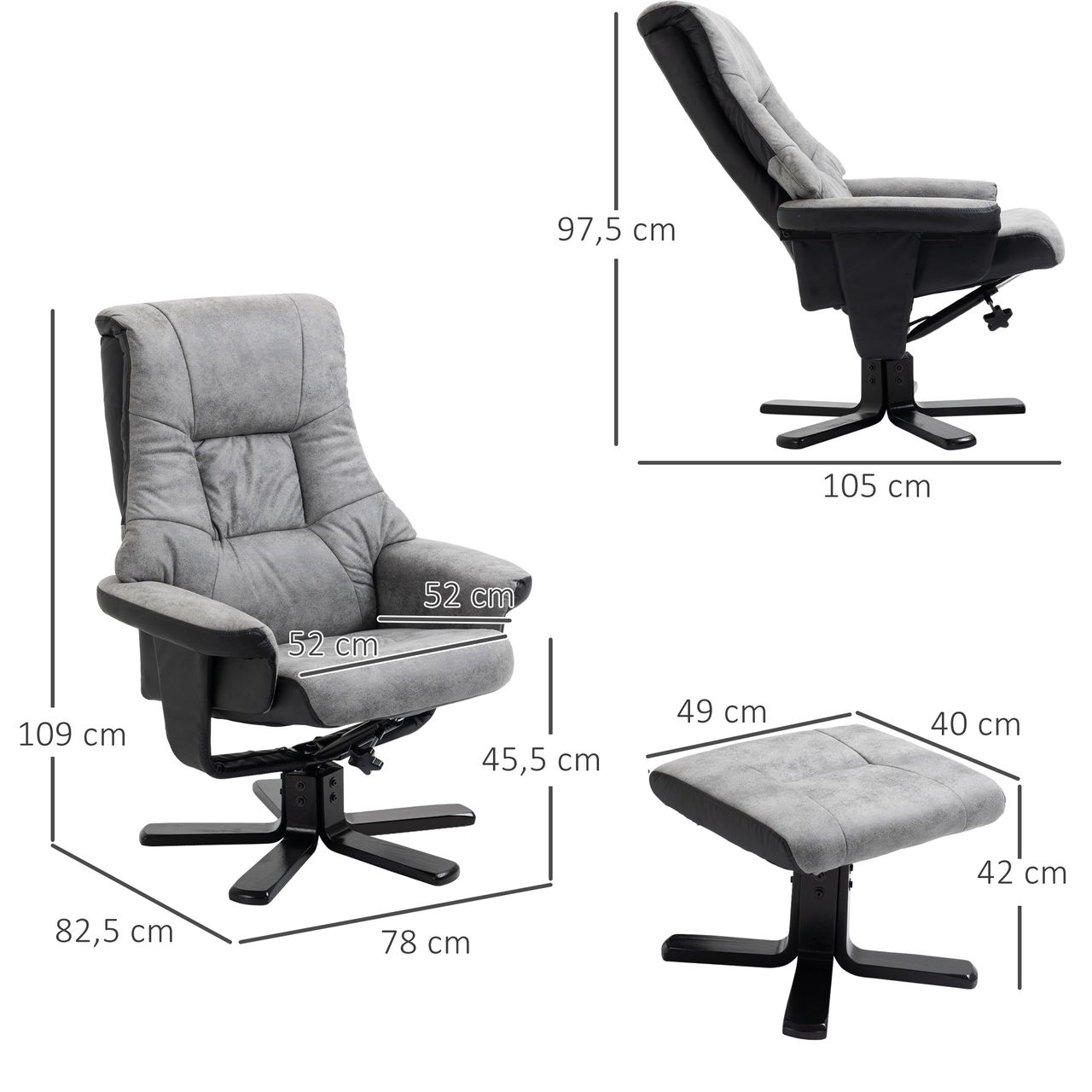HOMCOM Relaxsessel mit Hocker, Fernsehsessel, Polstersessel mit Liegefunktion