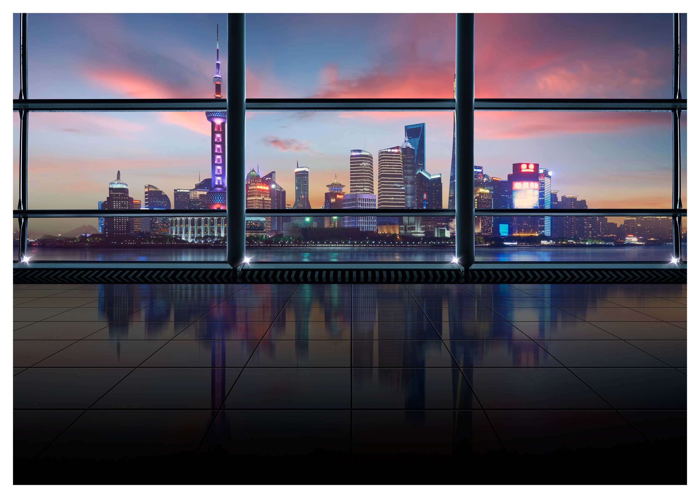 wandmotiv24 Fototapete Ausblick Fenster Stadt Skyline Nacht, glatt, Wandtapete, Motivtapete, matt, Vliestapete