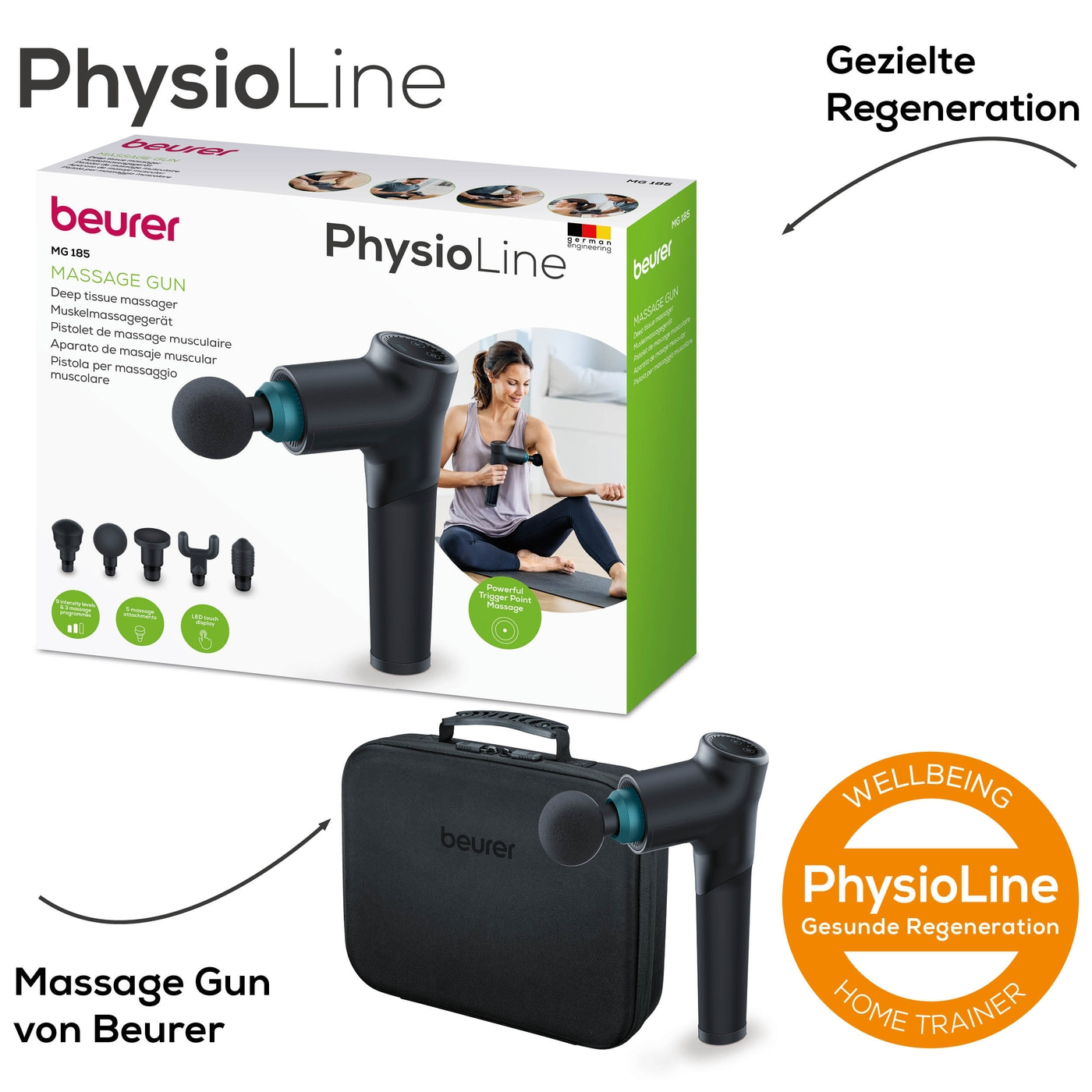 Beurer MG 185 MASSAGE GUN-Ergonomische Massagepistole zur Muskelentspannung mit 5 Aufsätzen & 9 Stufen