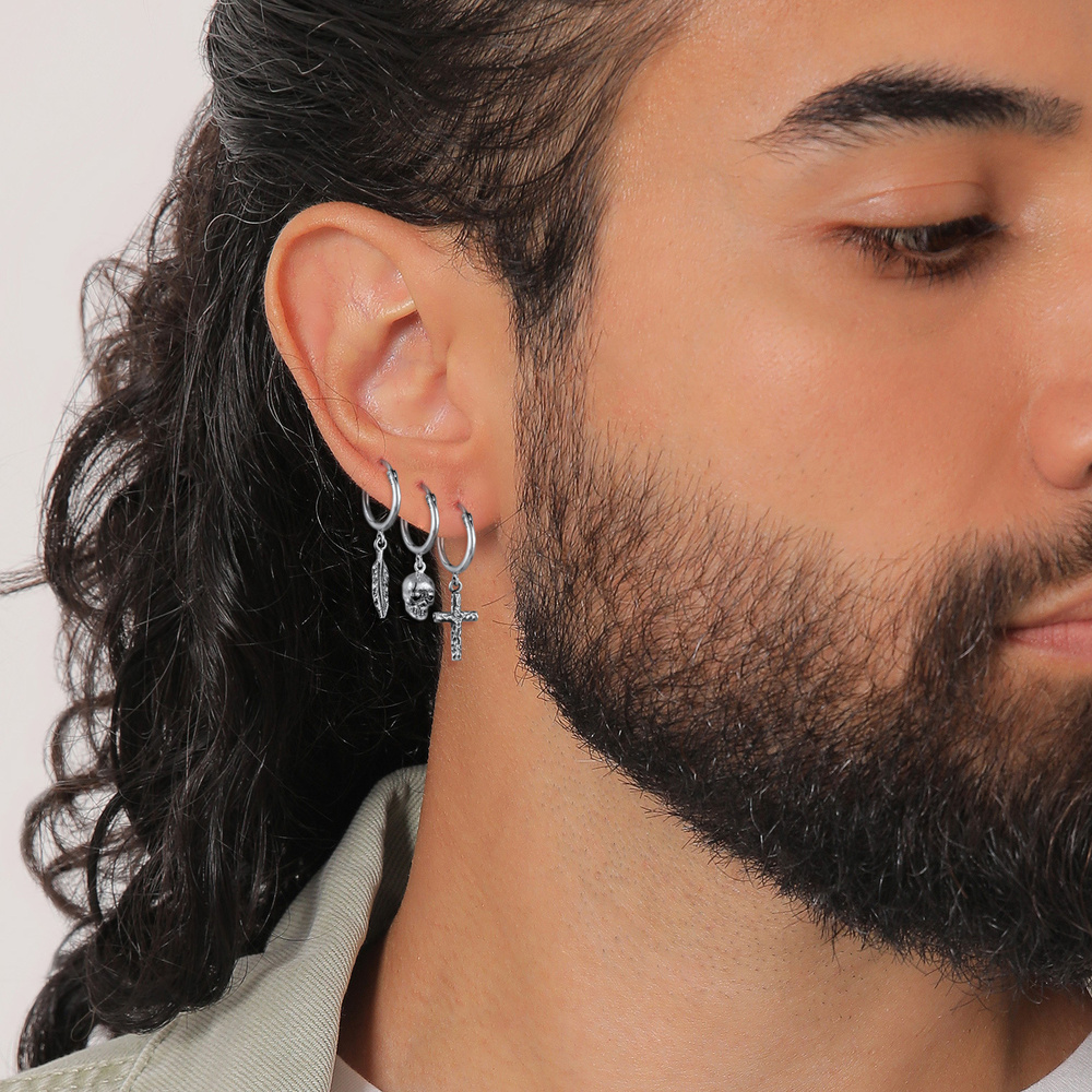 KUZZOI KUZZOI Boucles d'Oreilles Hommes Créoles Croix tête de mort Plume Set de 3 en arg Boucles d'oreilles