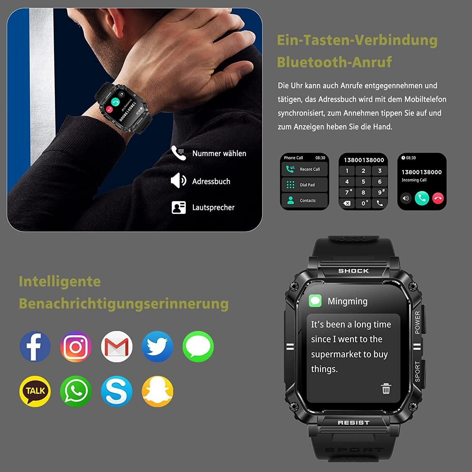 Mutoy Smartwatch, Fitness Tracker Uhr, Damen Herren Smartwatch (Fitnessuhr mit Telefonfunktion 1,95