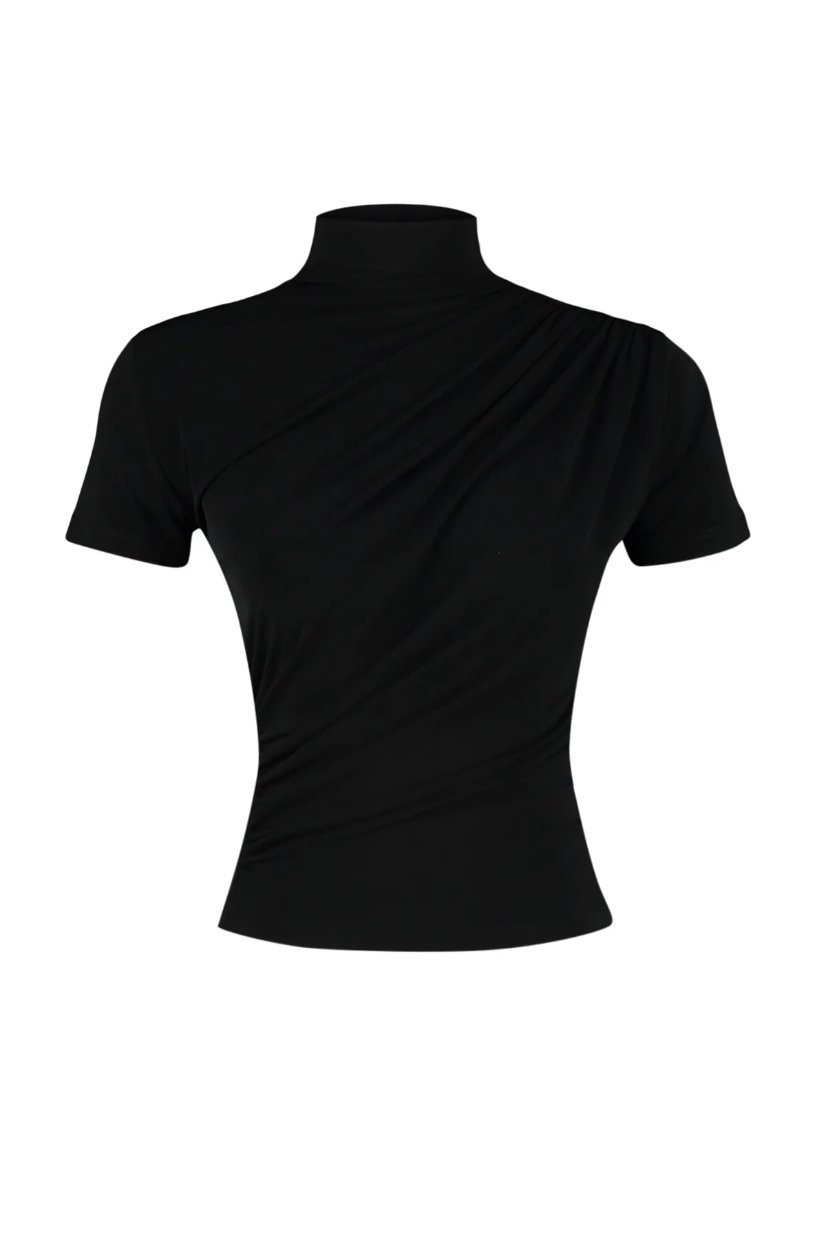 Trendyol Collection  Schwarze, taillierte/taillierte Kurzarm-Stretch-Strickbluse mit Stehkragen und Raffung TWOSS24BZ00426