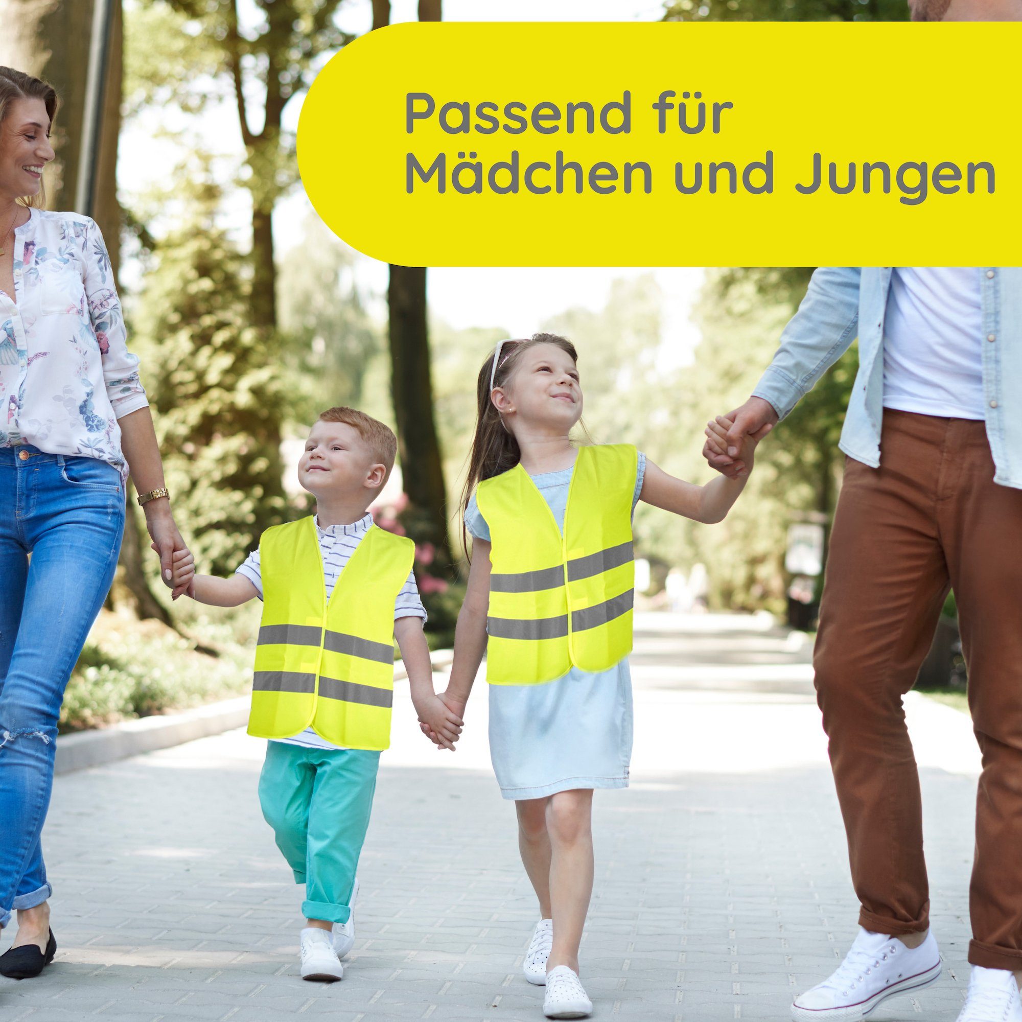 FLEXEO Warnweste Sicherheitsweste für Kinder (2-tlg) Kinderwarnweste für Fahrrad Straßenverkehr, neongelb, 2 Stück