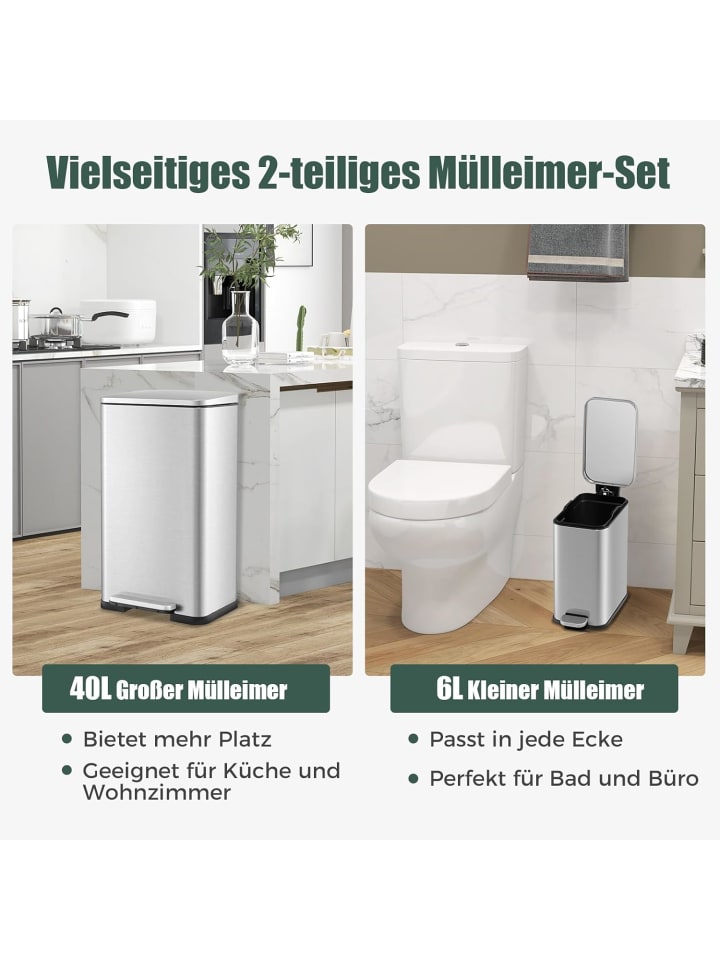 COSTWAY Mülleimer 2er Set 40L 6L in Silber günstig kaufen onesize