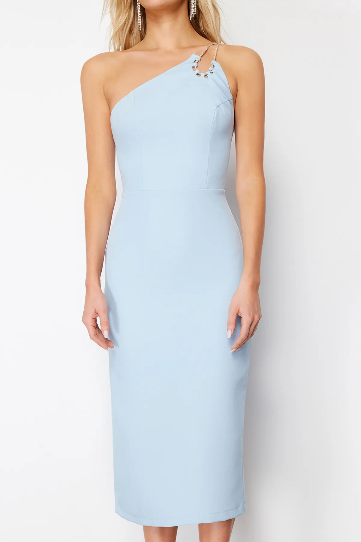 Trendyol Collection  Hellblaues, glänzendes, mit Steinen verziertes, stilvolles, gewebtes Abendkleid