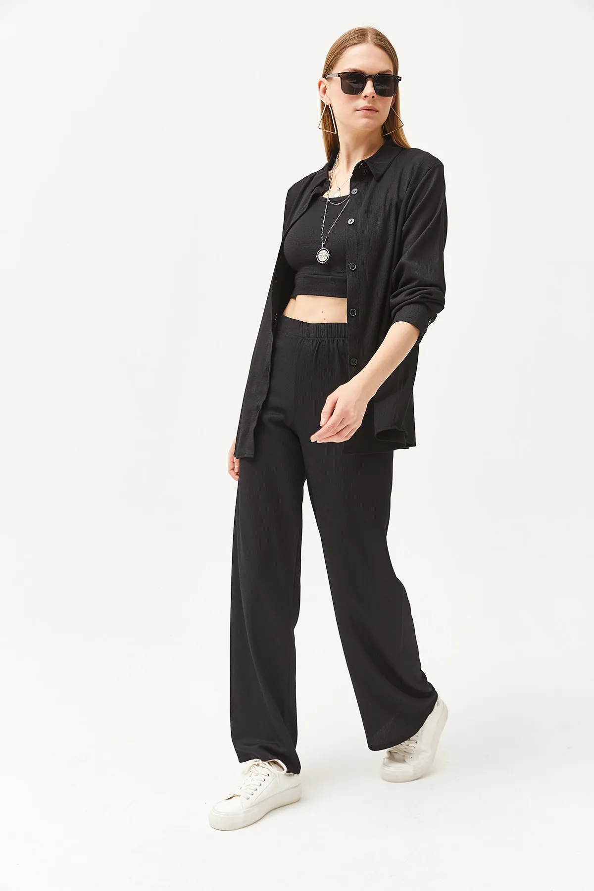 Olalook  Damen Schwarzes Hemd Bluse Hose 3-teiliges Set TKM-19000270