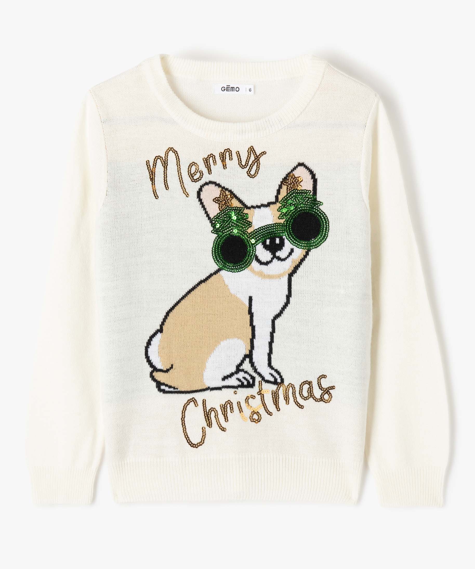 Pull de Nol fille à motif fantaisie en sequins brillants ecru | GEMO
