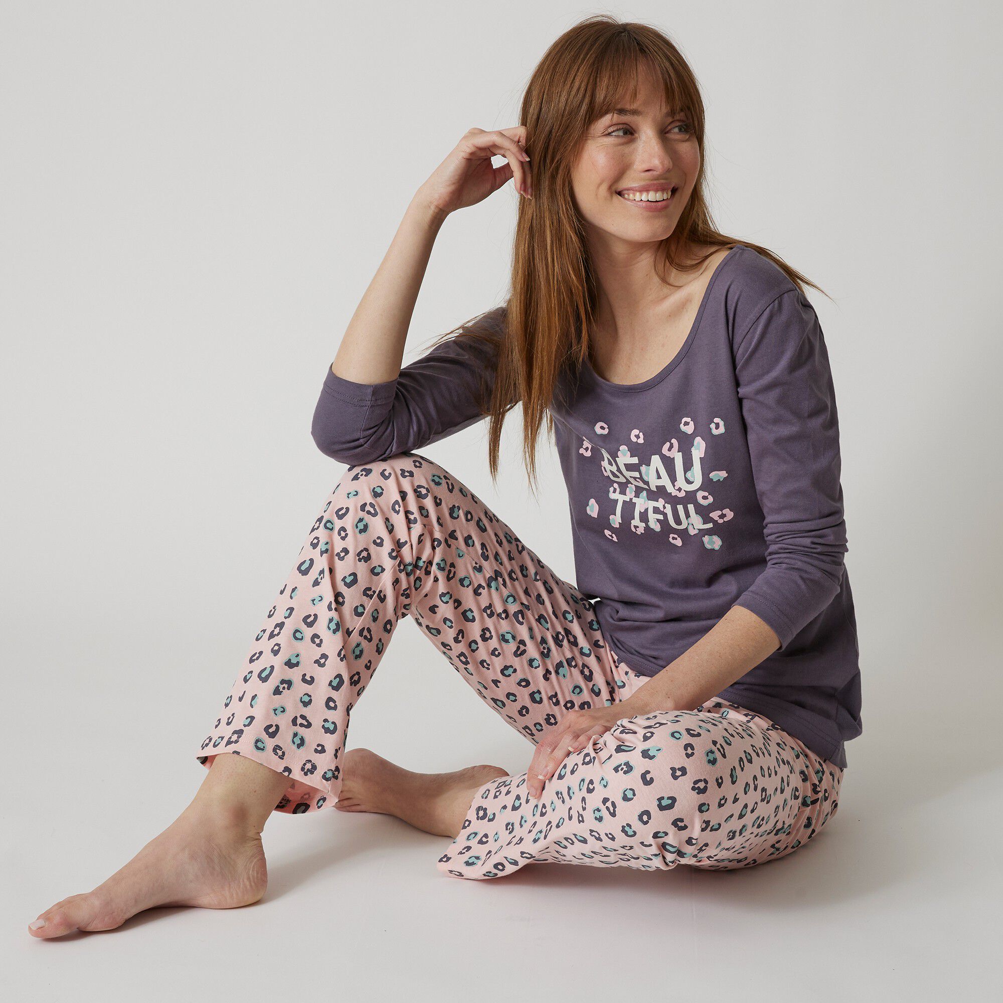 Tee-shirt manches longues coton uni imprimé placé 