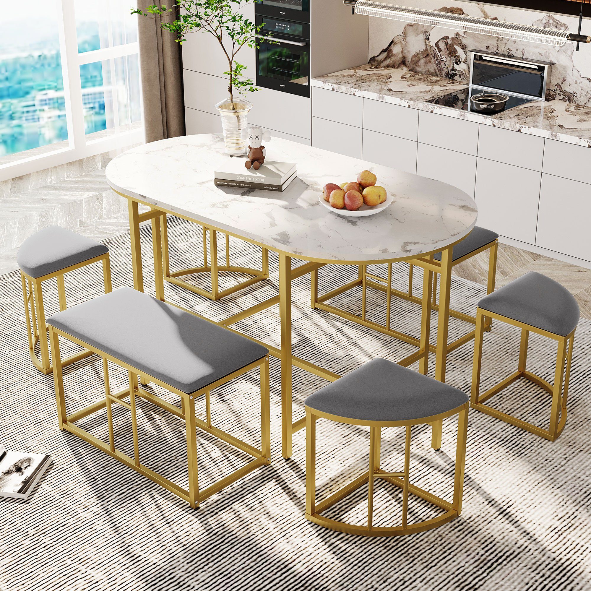 REDOM Essgruppe Essgruppe mit Esstisch, 4 kleinen Hockers und 2 großen Hockers, (7-tlg., 140*70*76cm, belastbar 120 kg), Küchen Esstisch Set ausStahlrahmen Moderner weißer und Gold