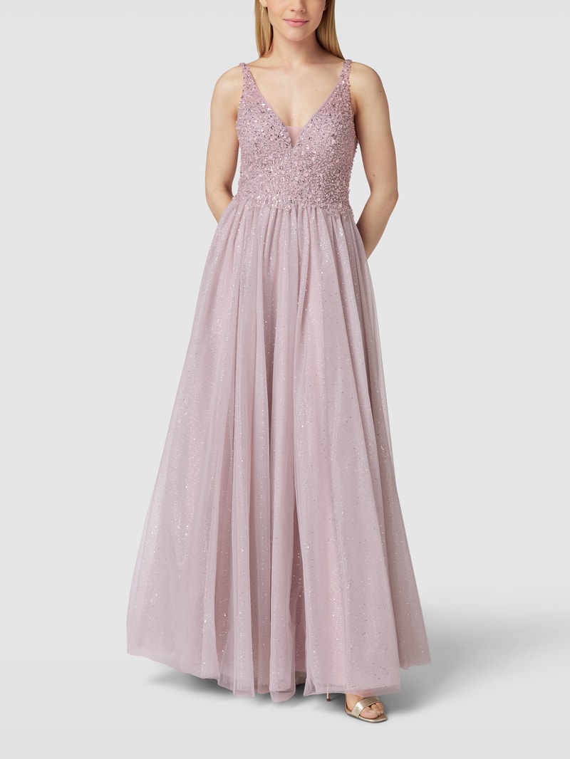 Abendkleid mit Pailletten und Zierperlen in mauve