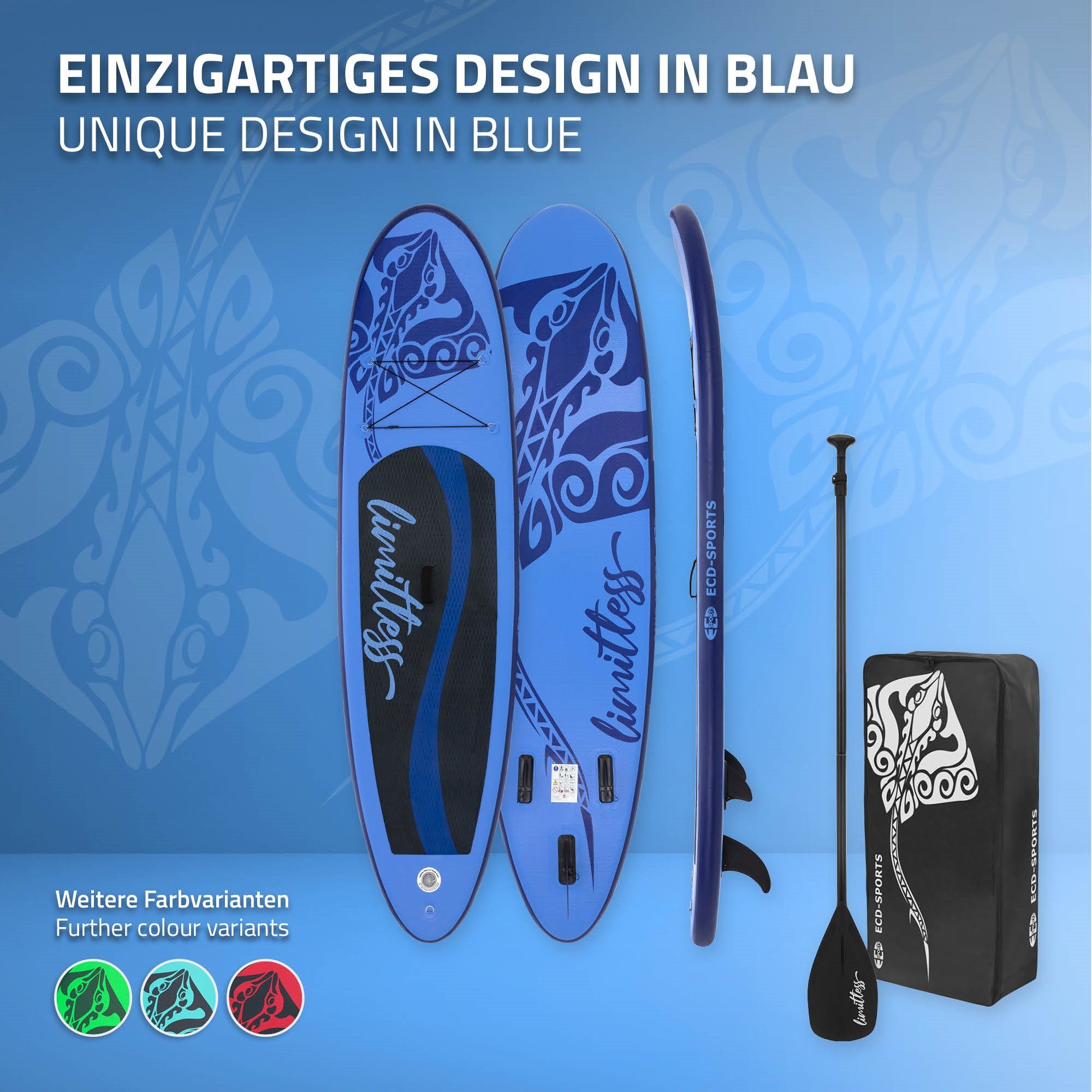 ECD Germany SUP-Board Aufblasbares Stand Up Paddle Board Limitless Paddelboard Surfboard, Blau 308x76x10cm PVC bis 120kg Tragetasche Zubehör Komplett Set