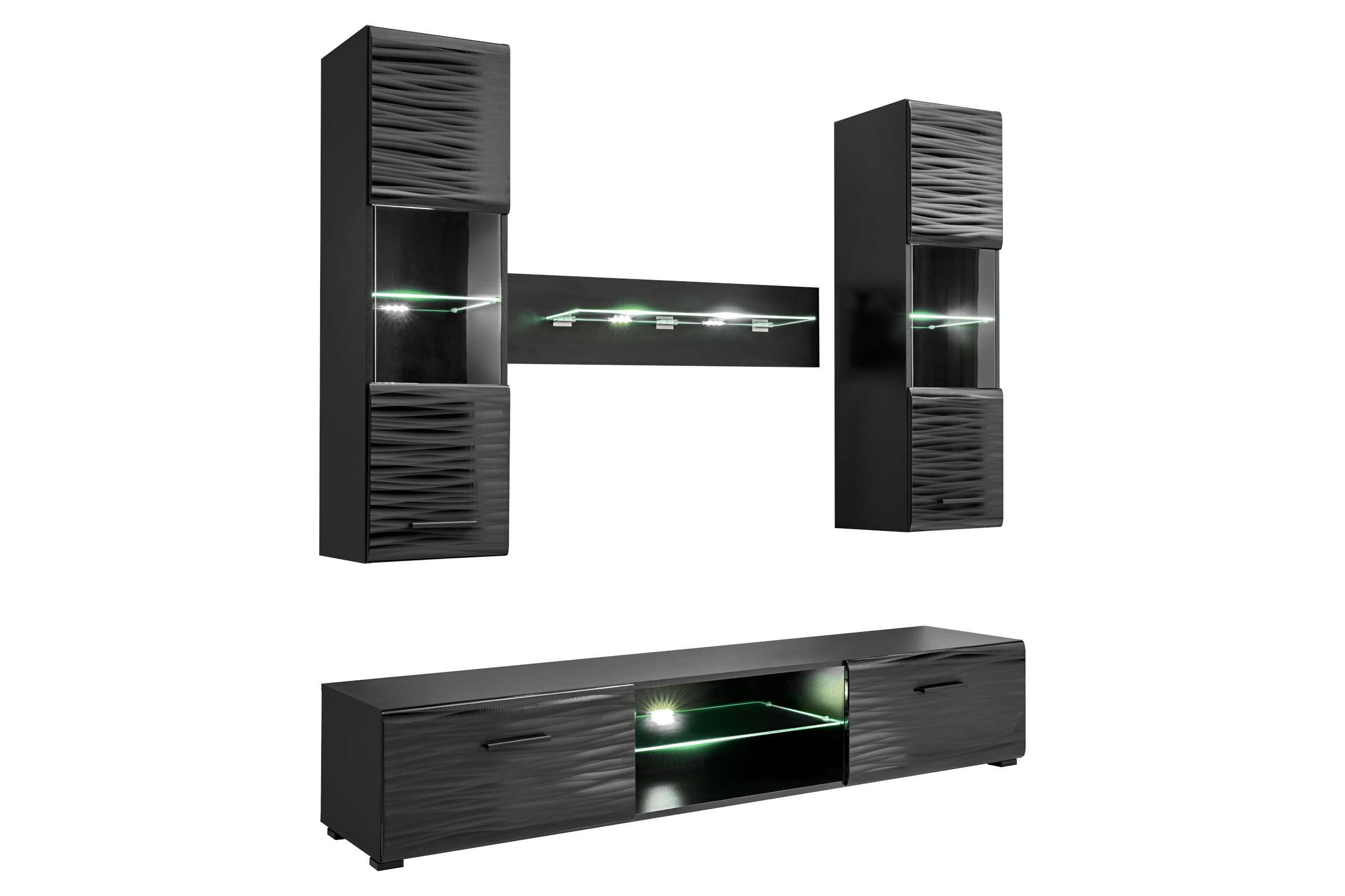 Stylefy Wohnwand Berta, (Wohnmöbel, Wohnzimmer-Set), 2×Hängevitrine, 1×Lowboard, 1×Wandregal, LED-Beleuchtung, Glaseinsatz