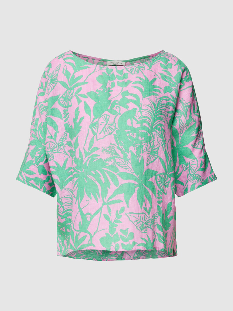 Blusenshirt aus Leinen mit Allover-Motiv-Print in dunkelgrün