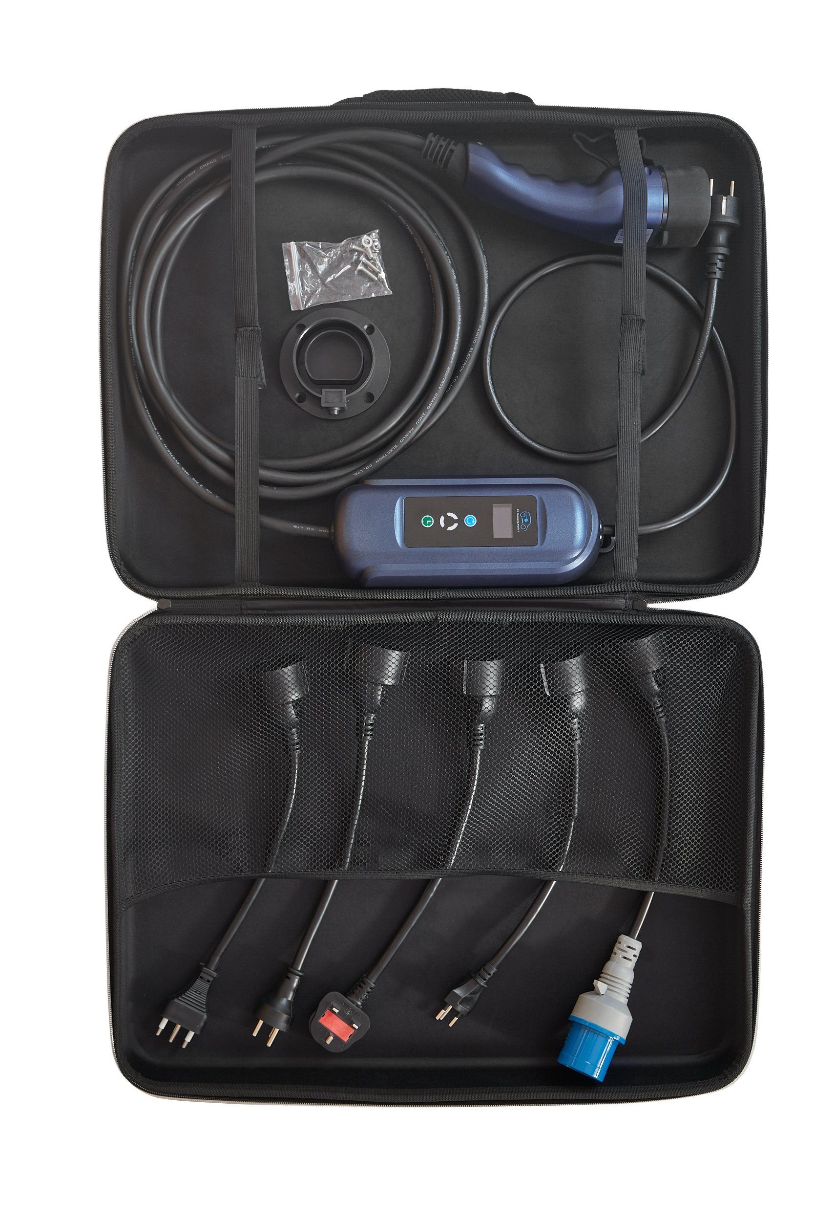 VOLTMOVE Typ 2 auf Schuko Ladekabel Reise-Set Elektroauto-Ladegerät (Komplett Set, Reise-Set mit 5 Adaptern, Wandhalterung & Koffer)