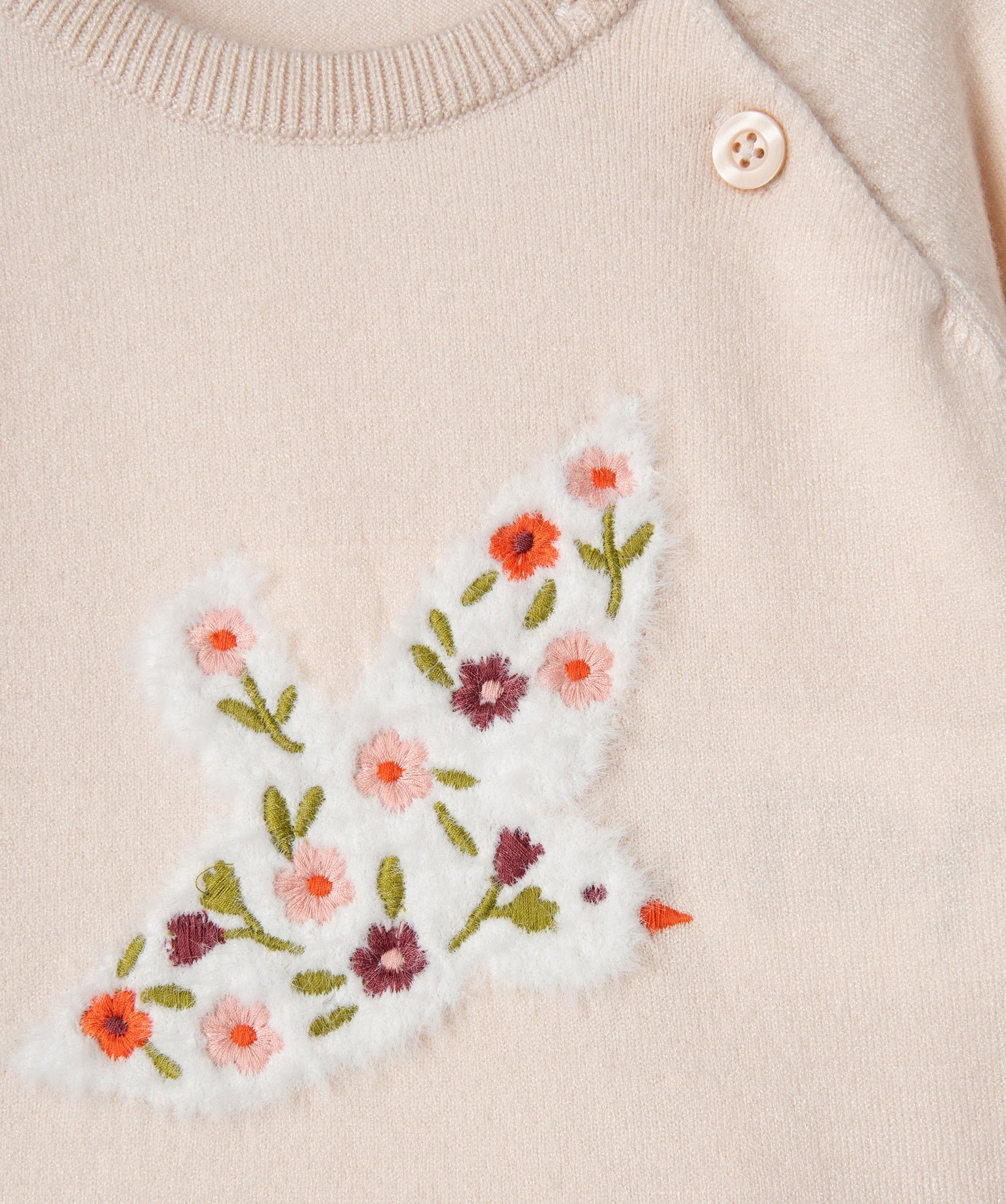 Pull en maille fine à motif brodé et peluche bébé fille ecru | GEMO