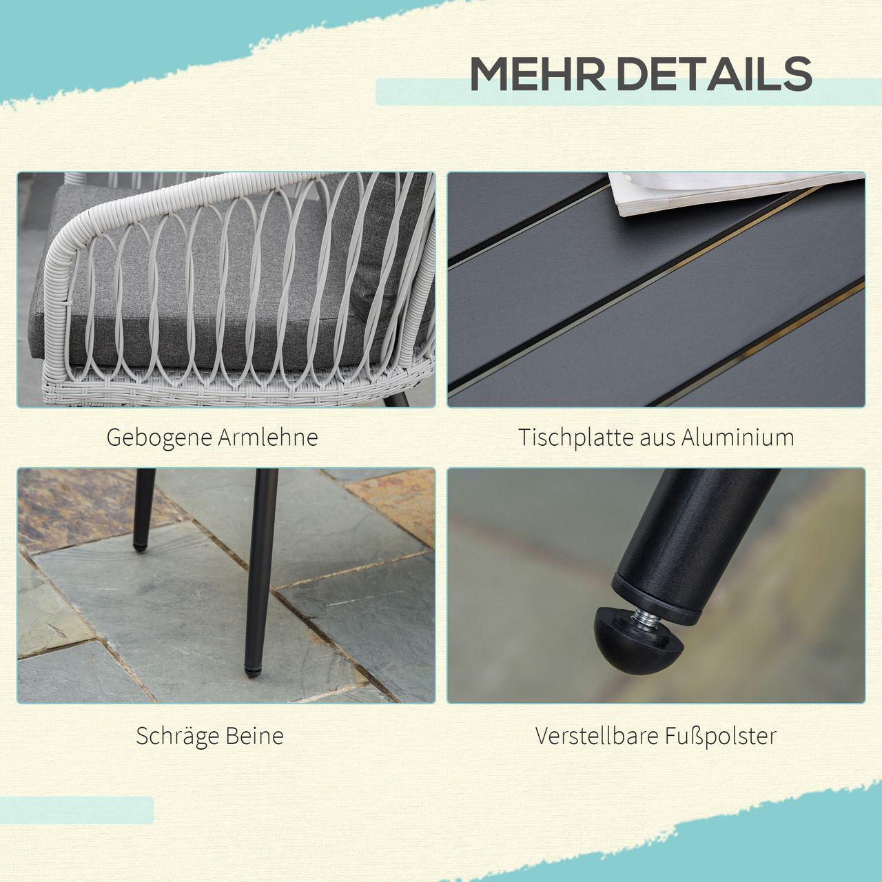 Outsunny Polyrattan Gartenmöbel Set 4-teiliges Rattensofa-Set Sitzgruppe Sitzgarnitur für Pause Lounge Teetisch mit Sofa Kissen Aluminium Grau