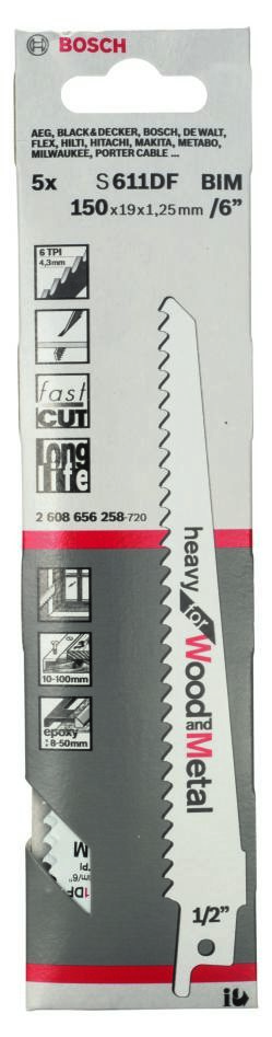 Bosch Blue Accessories 2608656258 S611DF Fűrészlap, nehéz, fához és fémhez, 150 mm, 5 darab