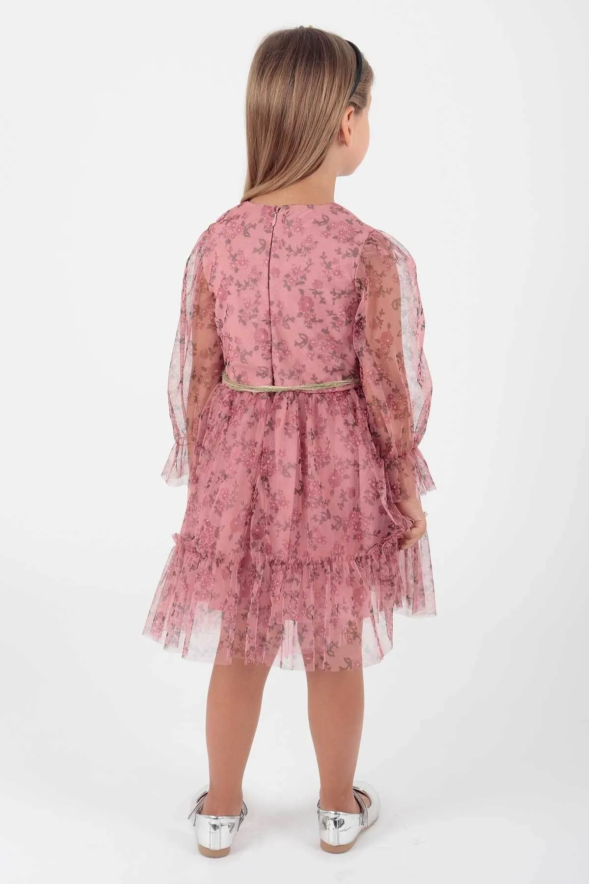 AHENGİM  Mädchenkleid mit Blumenmuster und gekröntem Gürtel Ak2202