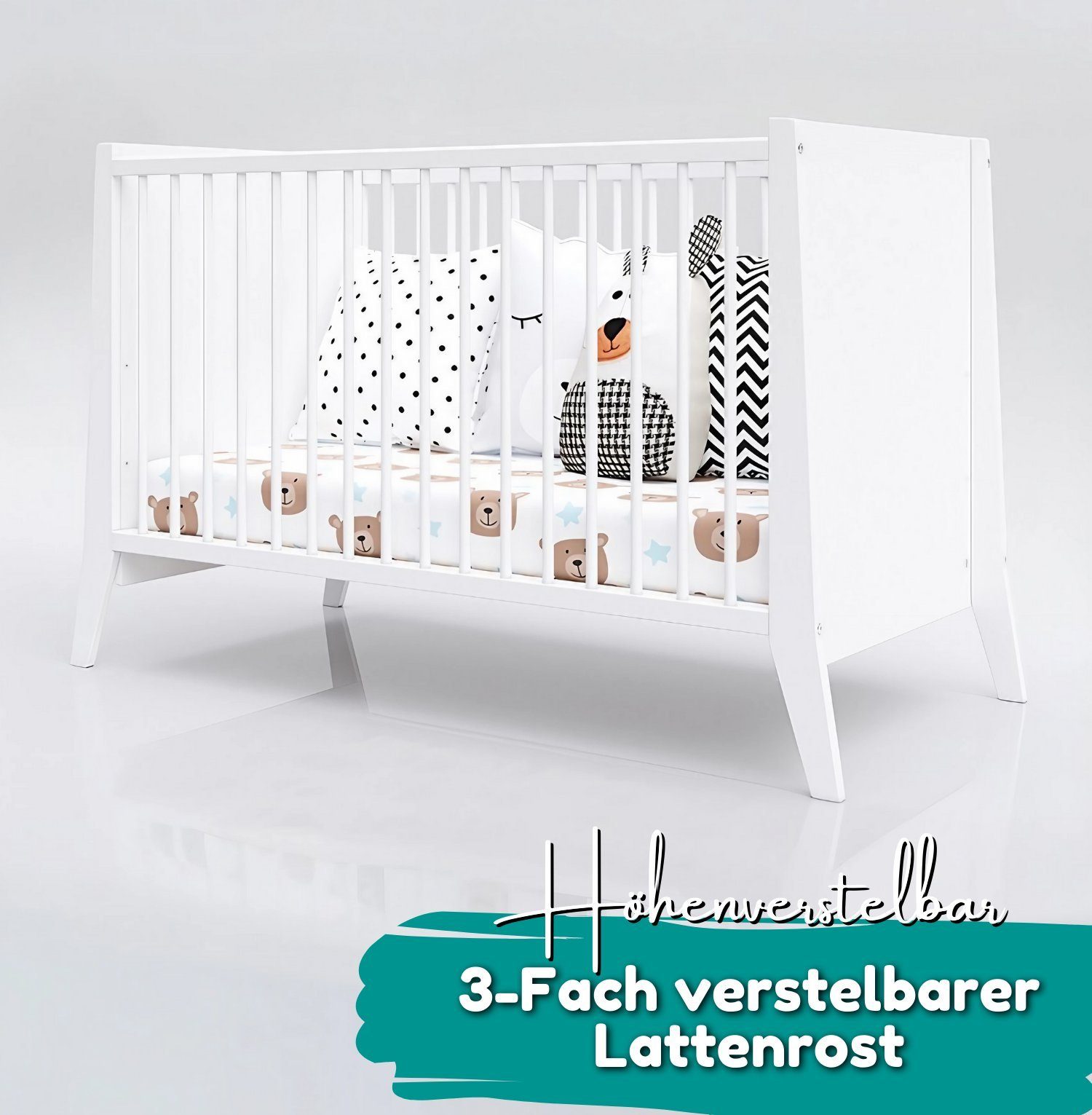 Alavya Home® Babybett PARKER I Qualitätsträume I für den ruhigen Schlaf Ihres Schatzes, Babybett 60x120 ohne Matratze mit höhenverstellbar aus Kiefernholz