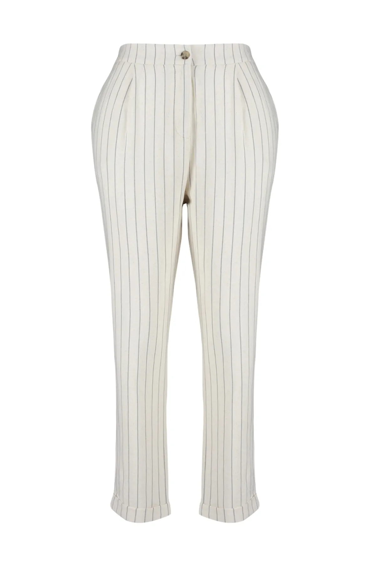 Trendyol Curve  Beigefarbene, gestreifte Webhose in Leinenoptik TBBSS23AR00039