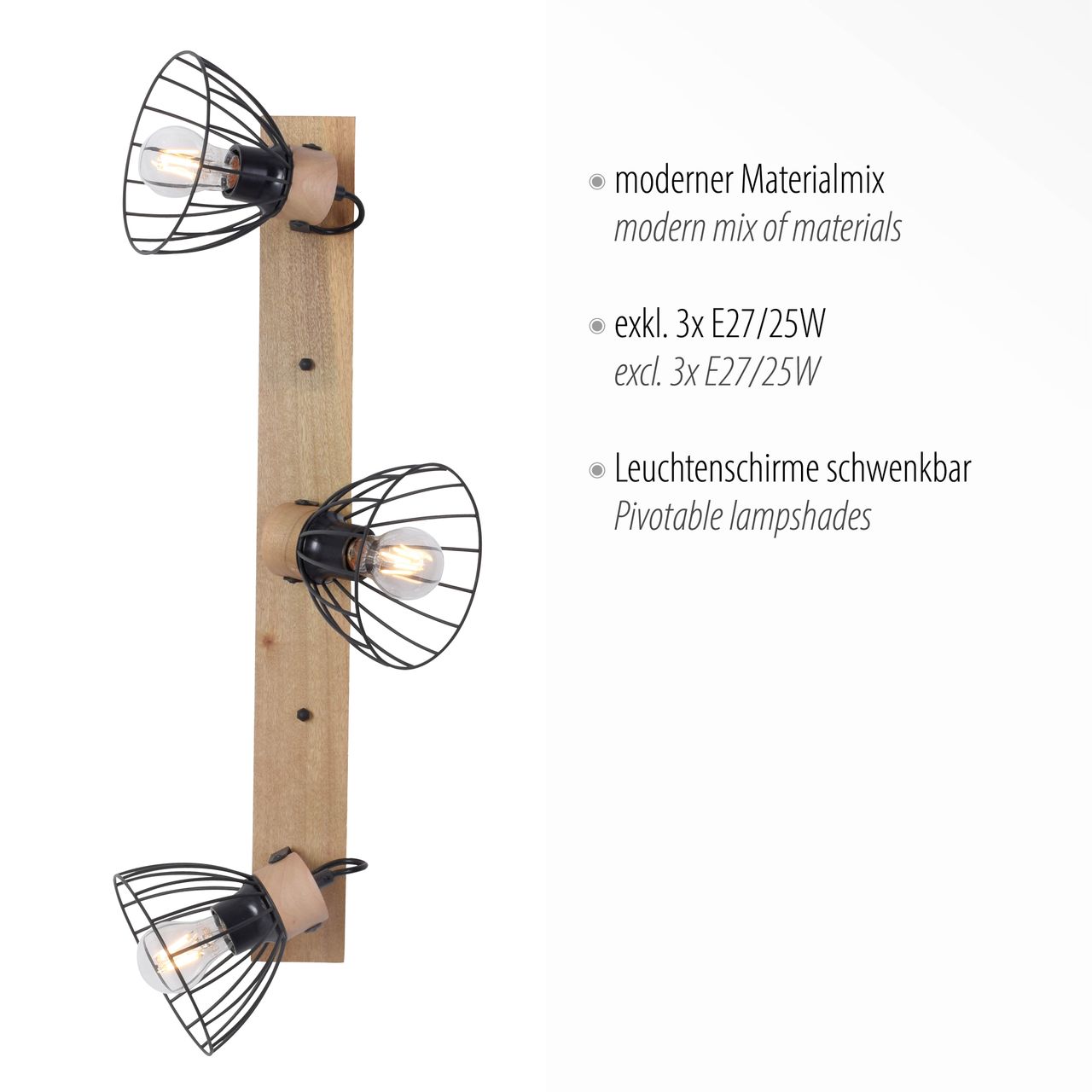 JUST LIGHT LeuchtenDirekt LAMI, Wand- und Deckenleuchte, 3-flammig, E27, 25Watt, Metallschirm, schwarz