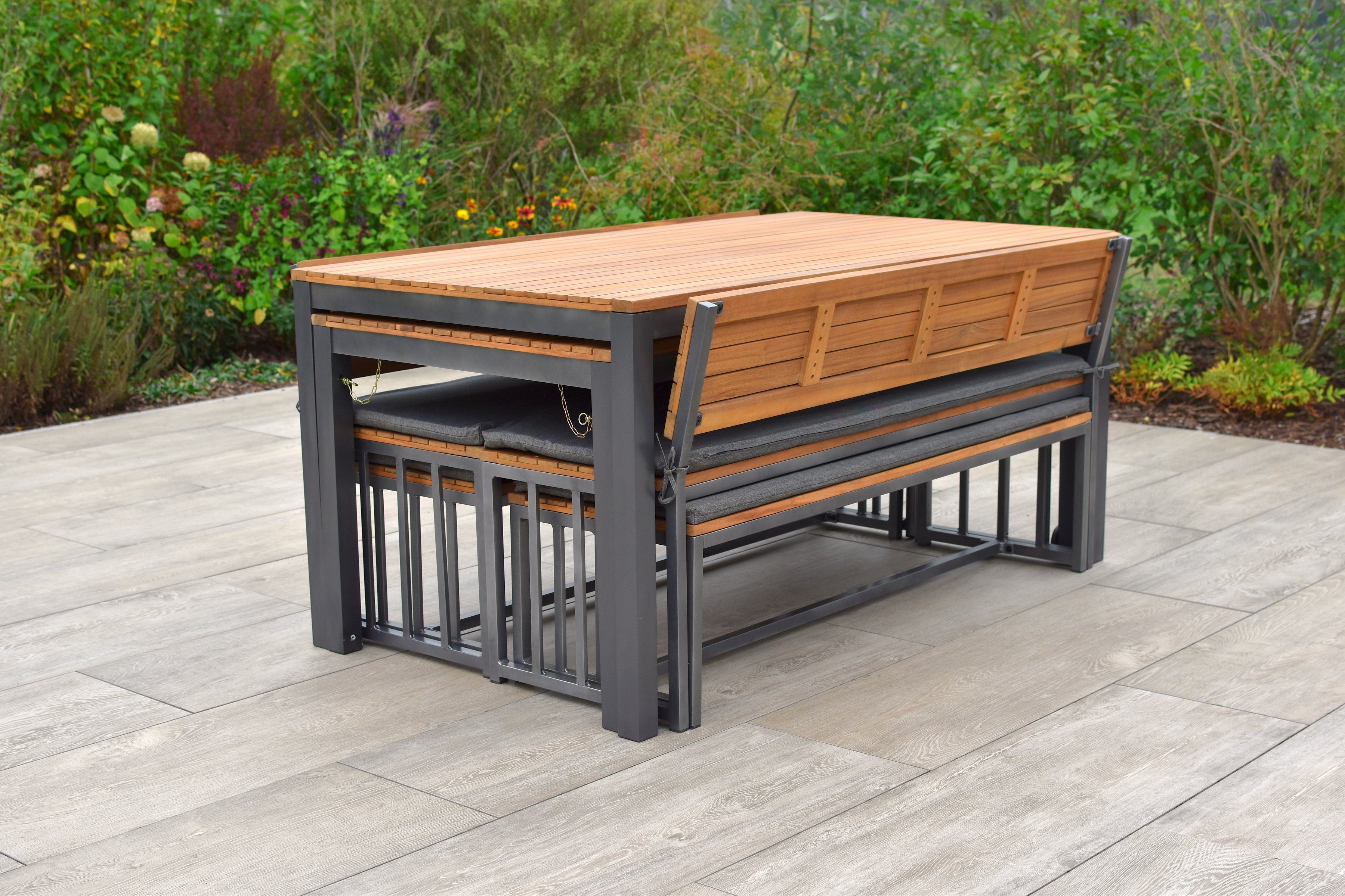 MERXX Garten-Essgruppe Milos, (Set, 10-tlg), 4 Sitzbänke, inkl. Sitzkissen, 2 Tische
