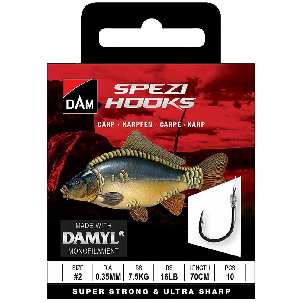 DAM Fishing Karpfenhaken Vorfachhaken Spezi Carp Größen 2, 4, 6, 8, 10 Vorfachlänge 70 cm, Superstarke Tectan Damyl Superior Schnur