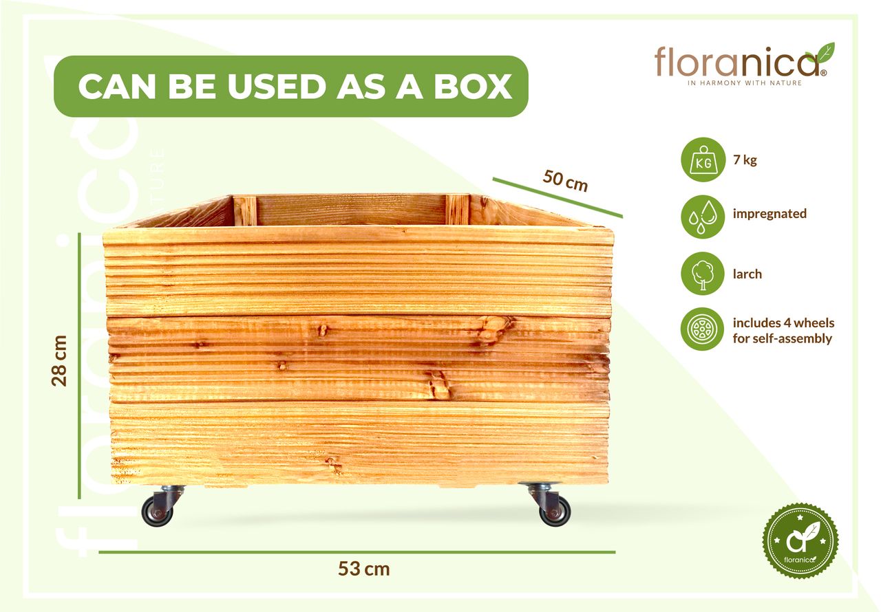 Pemicont Floranica Blumentopf aus Holz Kasten 4 Rollen 50cm x 535cm x 285cm Natural Imprägnierte Lärche Gehäuse für Kräuter Blumen Haus- und Gartendekoration Innen- und Außenbereich