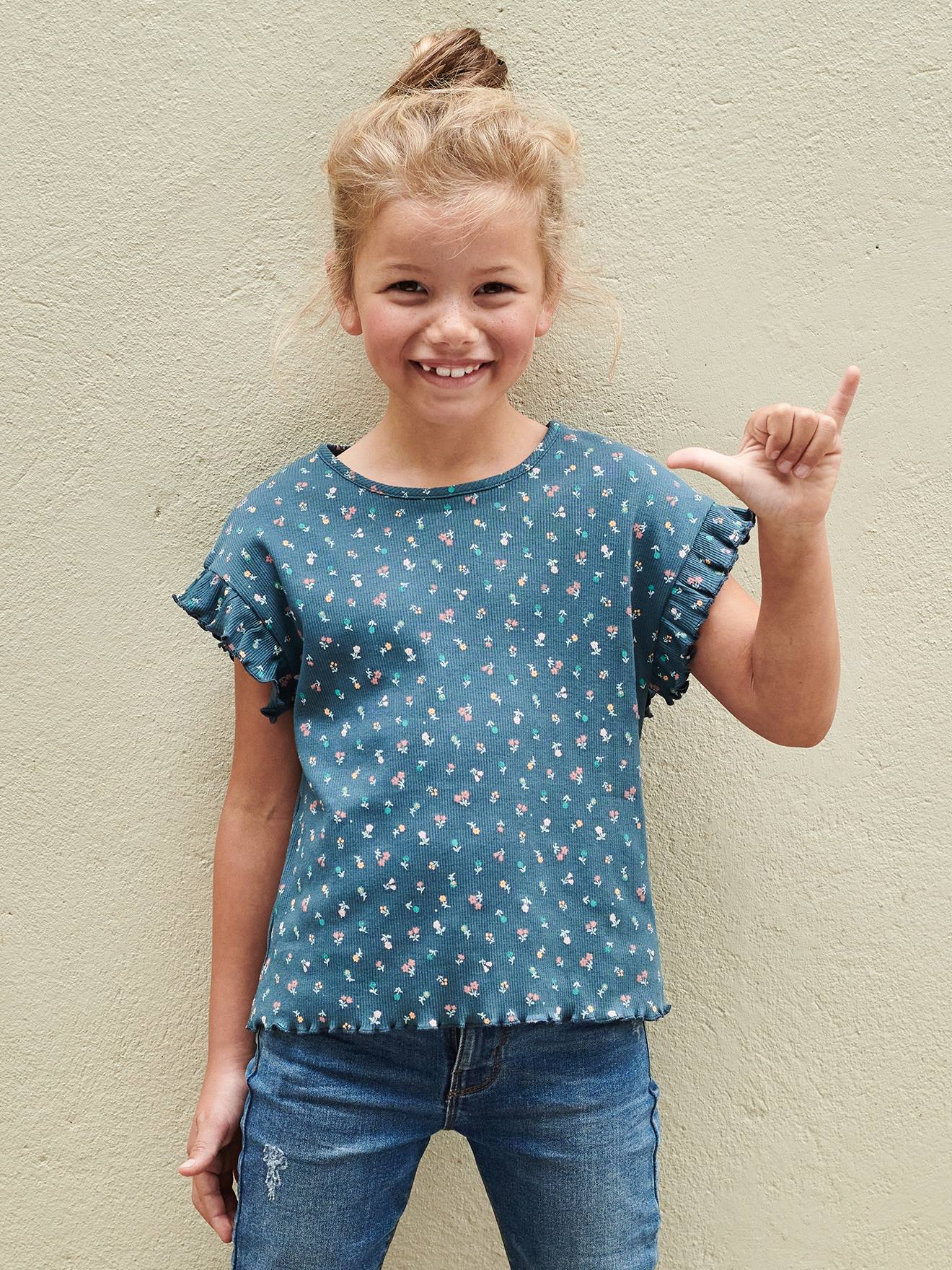 Vertbaudet Mädchen T-Shirt mit Blumenmuster - nachtblau