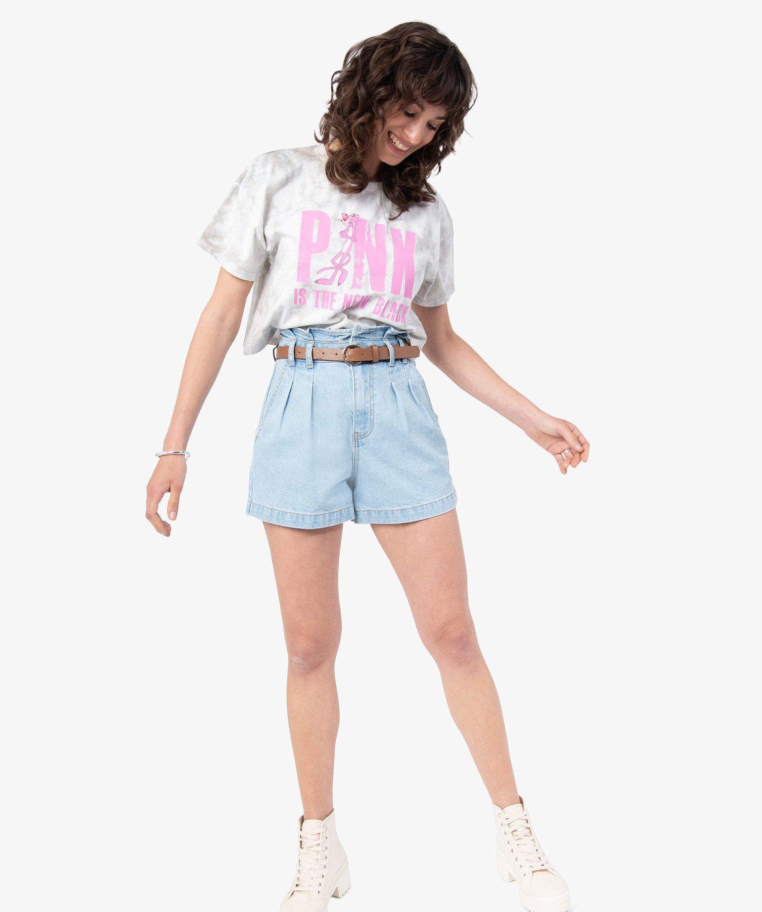 Tee-shirt femme court avec motif sur le buste – La panthè... blanc | GEMO