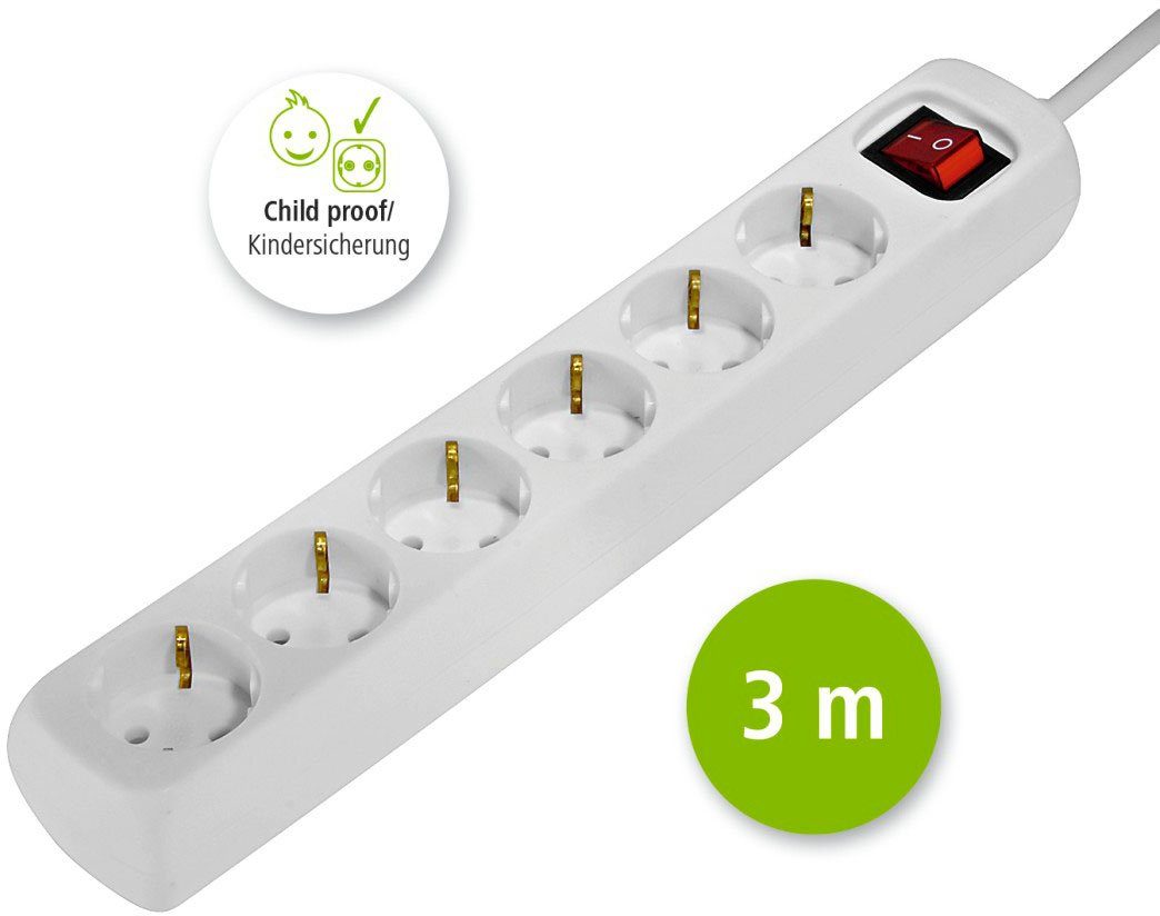 Hama Mehrfachsteckdose, 6-fach, Steckerleiste mit Schalter, 3 m Kabel Steckdosenleiste 6-fach (Kabellänge 3 m)