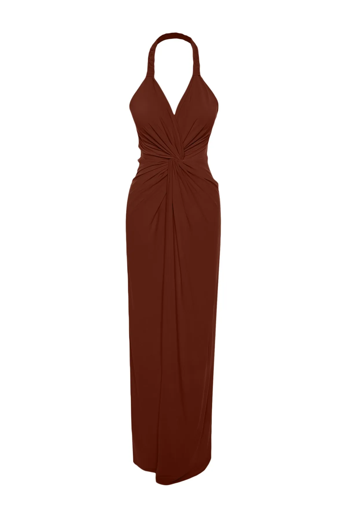 Trendyol Collection  Braunes, langes Abendkleid mit Wickeldesign und Kragen TPRSS23AE00208