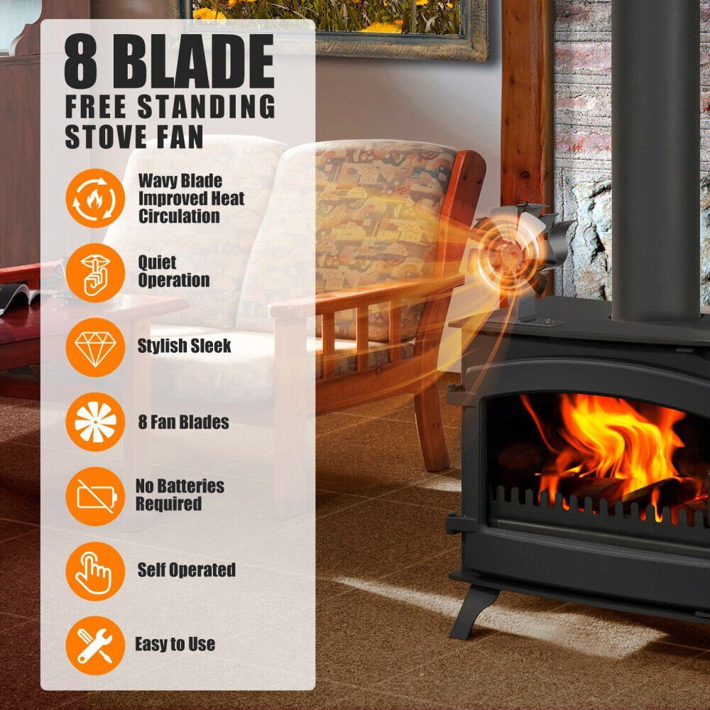 BlingBin Kaminventilator 8 Flügel Ofenventilator Kaminlüfter Stove Fan Gebläse Lüfter, Ohne Strom Mit Handschuhe