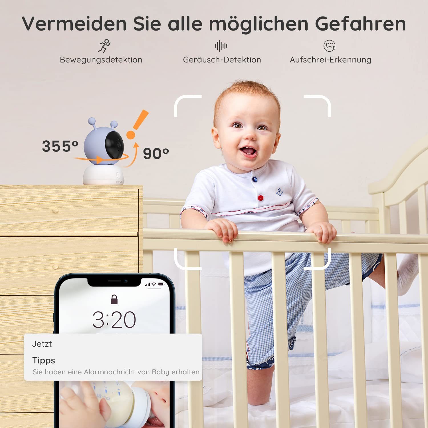 Boifun Video-Babyphone Babyphone mit Kamera 1080P, 355°/90° PTZ Geräuschlose Rotation, 4×Zoom, 5