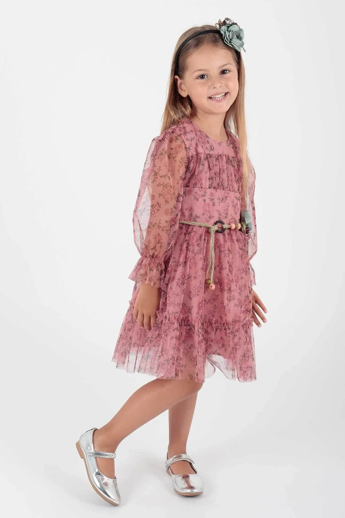 AHENGİM  Mädchenkleid mit Blumenmuster und gekröntem Gürtel Ak2202