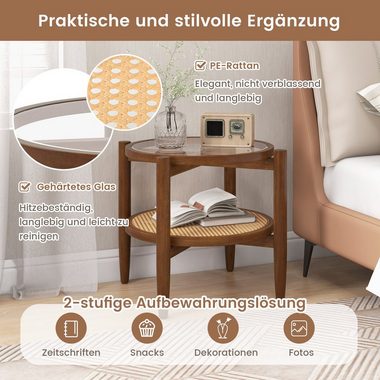 COSTWAY Beistelltisch, gehärtete Glasplatte, mit Rattan Ablage, rund 56x56cm