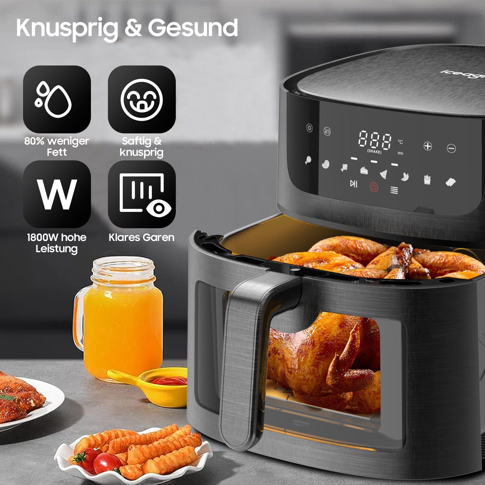 iceagle Heißluftfritteuse Heißluftfritteuse 9L AirFryer XXL, Heizluft Fritteuse, 1800,00 W, mit Großes Sichtfenster, 8 Programmen, Led Touchscreen, Ohne Öl