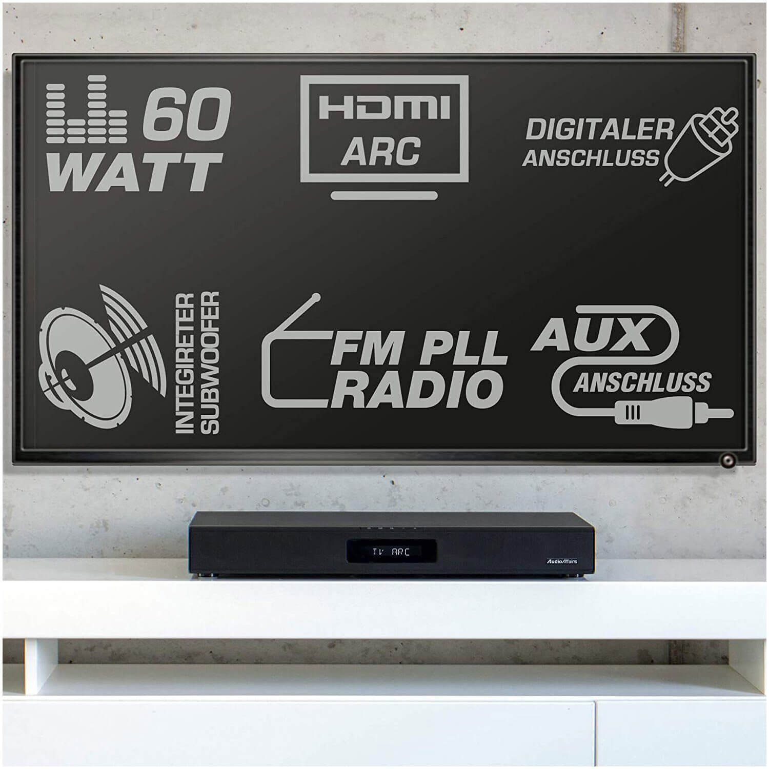 AudioAffairs TVS 2018 TV Soundbar Soundsystem Soundbase (60 W, Bluetooth 3.0, UKW, FM, Radio, Subwoofer)