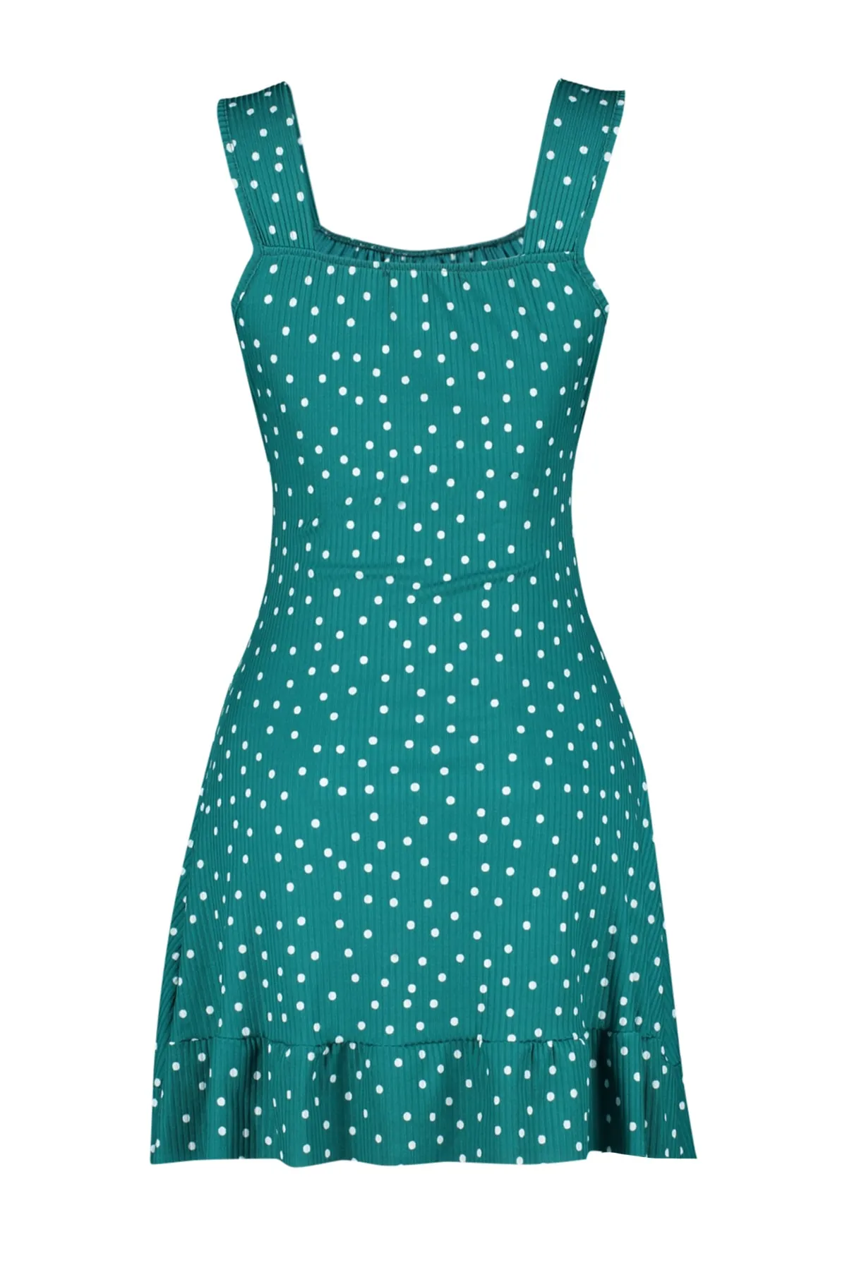 Trendyol Collection  Petrolfarbenes Mini-Strickkleid mit Polka Dots und quadratischem Ausschnitt, Volant, A-Linie TWOSS23EL00348