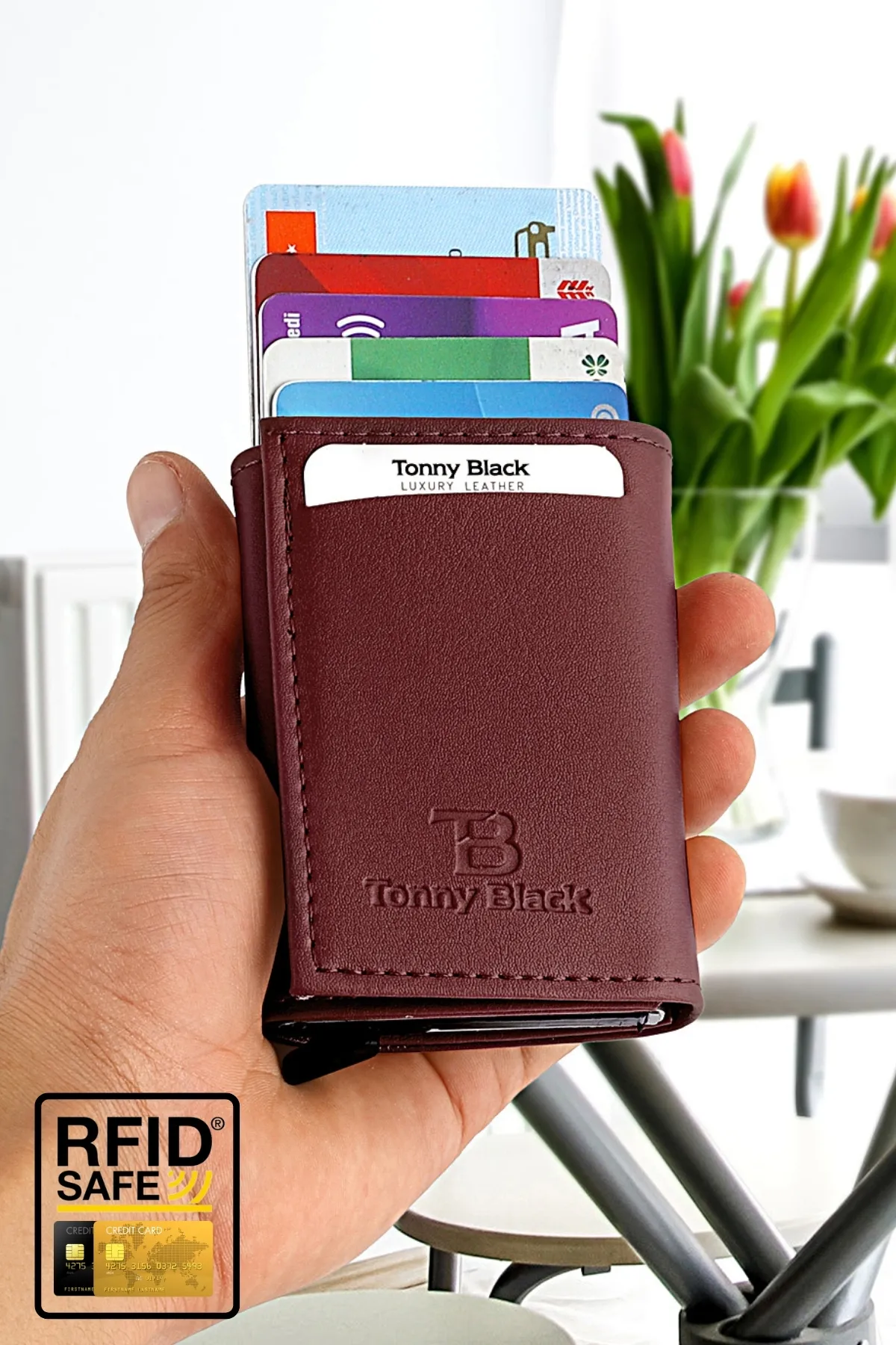 Tonny Black  Originale RFID-Schutz-Geldbörse mit Automatikmechanismus und Diebstahlschutz, mit Geld- und Kartenhalter