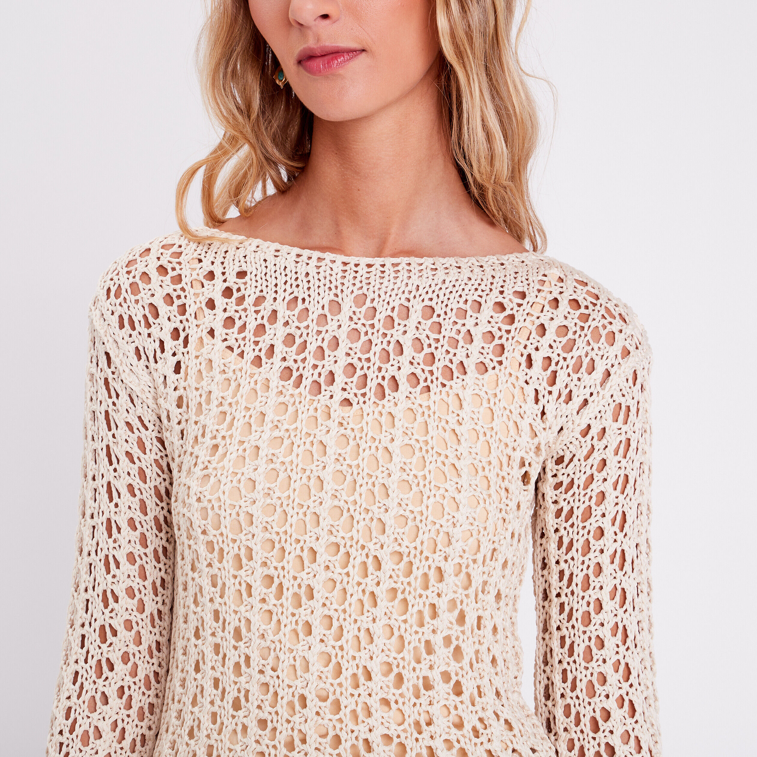 Pull crochet manches longues ivoire femme | Cache Cache