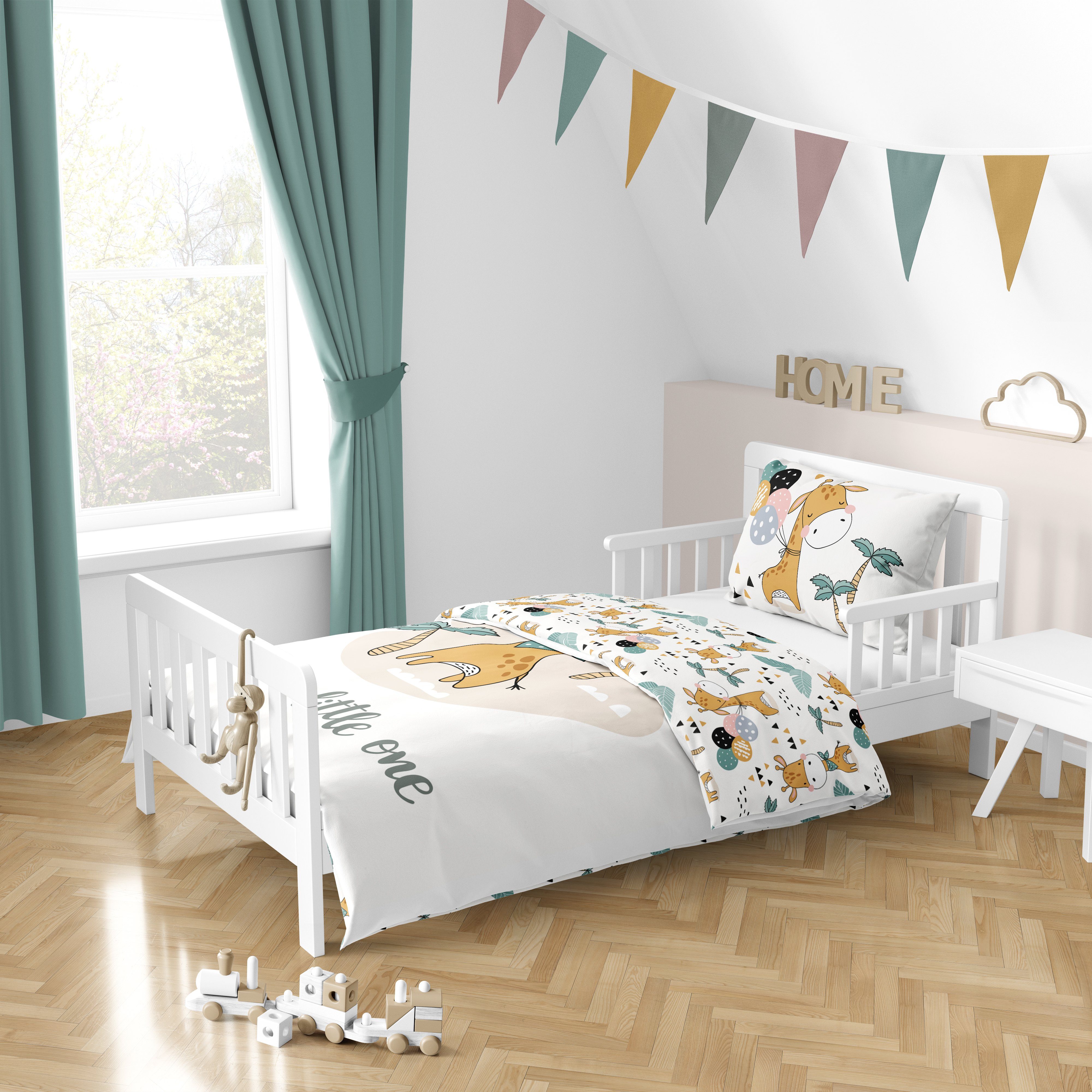Babybettwäsche Giraffe 100x135 + 40x60 cm, 100 % Baumwolle, MTOnlinehandel, Renforcé, 2 teilig, süße Dream Big Little One Kleinkinderbettwäsche mit Reißverschluss