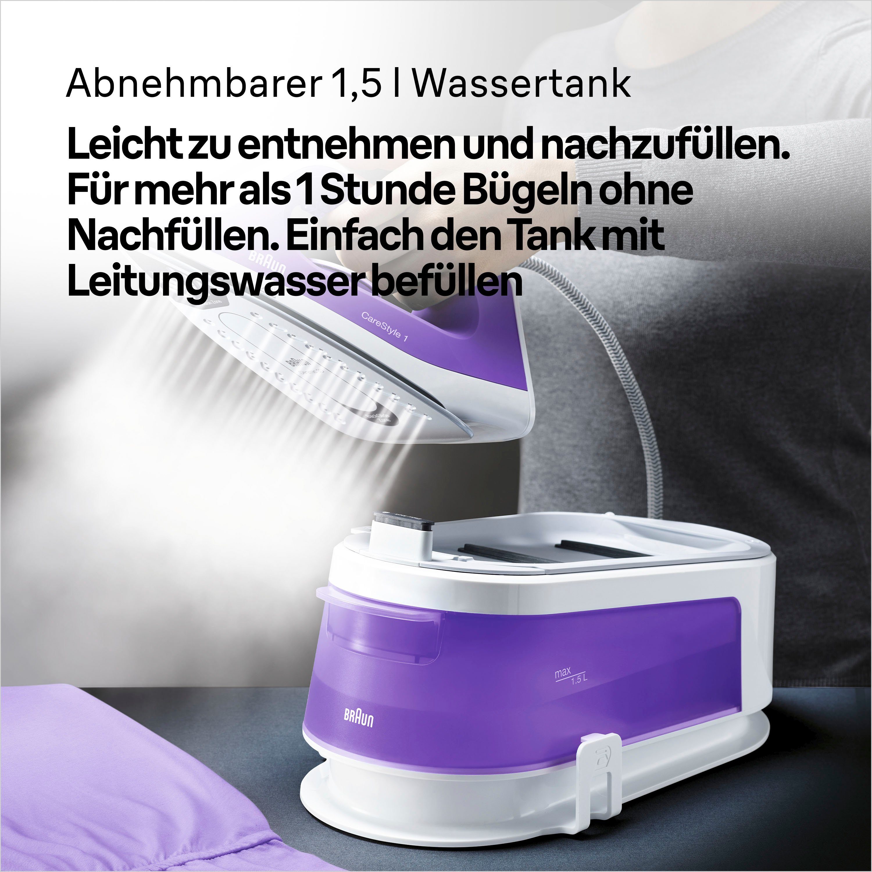 Braun Dampfbügelstation CareStyle 1 IS1014VI Dampfbügelstation, Weiß/Violett, 1500 ml Wassertank