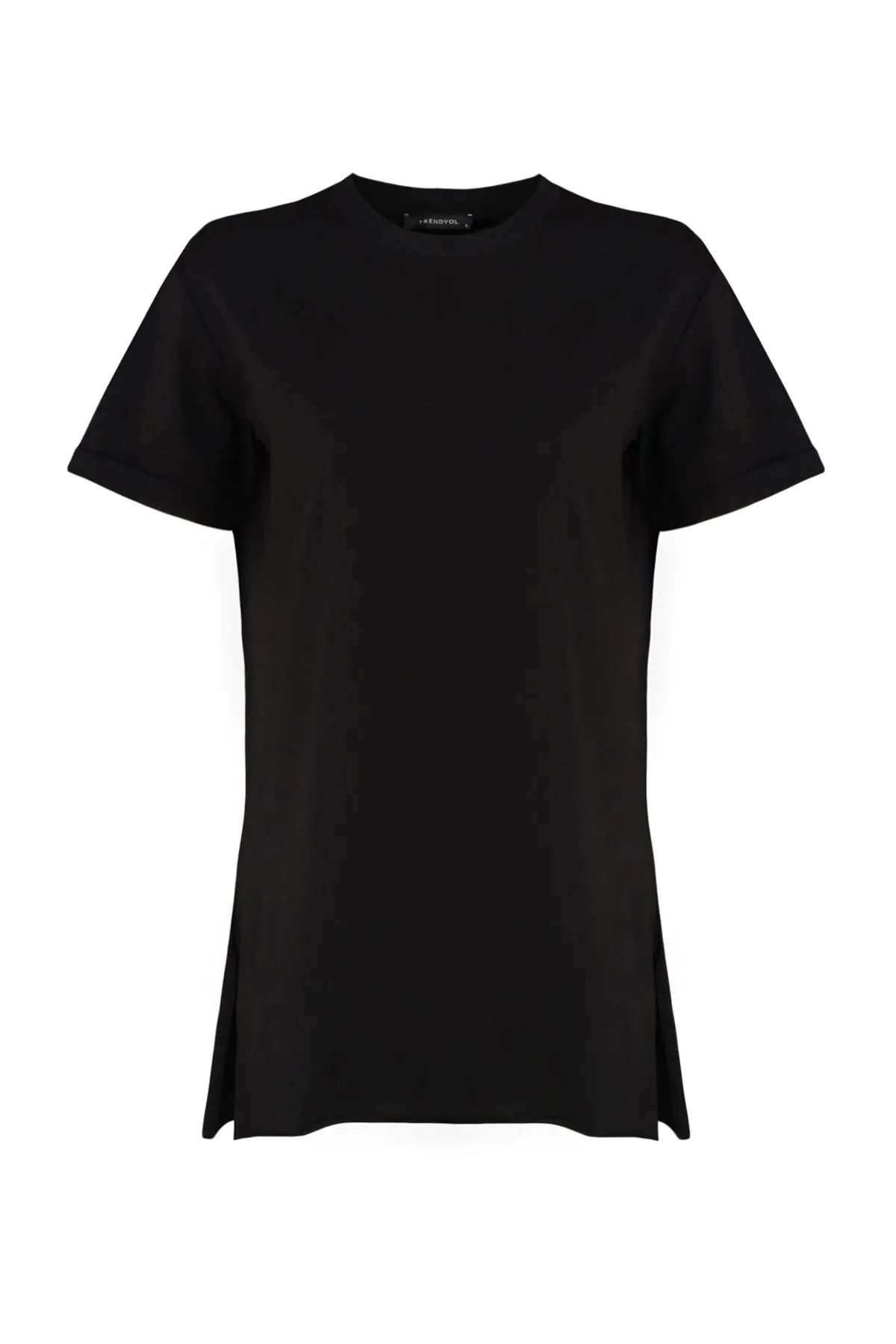 Trendyol Modest  Schwarzes Basic-Kurzarm-Single-Jersey-T-Shirt mit Schlitz aus 100 % Baumwolle TCTSS21TN0056