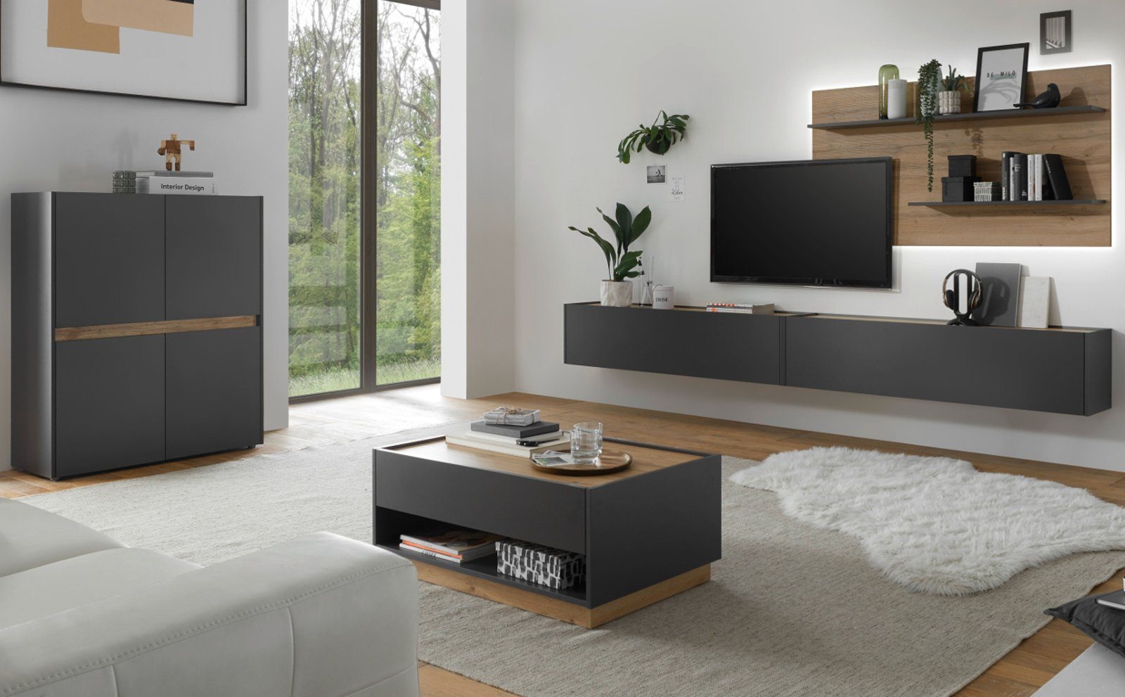 Furn.Design Wohnwand Center, (Komplett-Set, bestehend aus Lowboard 300 cm und Wandpaneel 155 cm), Breite 300 cm, mit Hänge-Lowboard