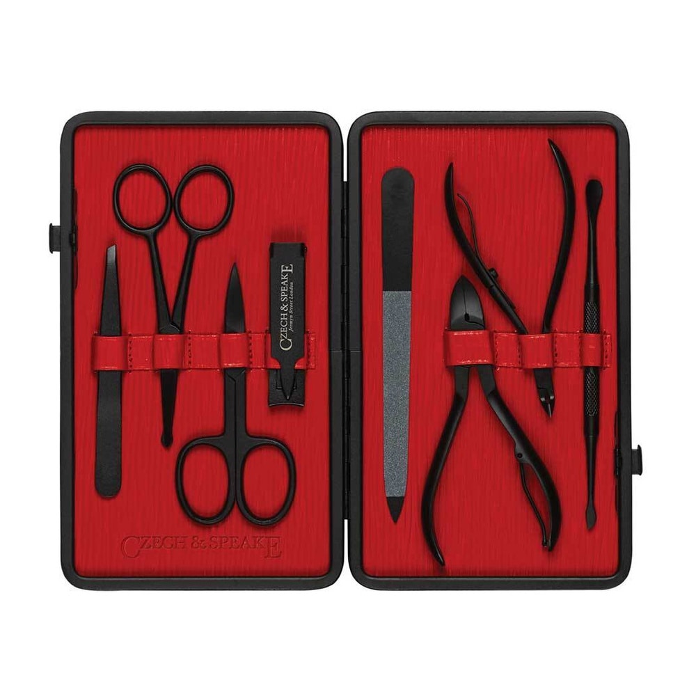 Czech & Speake Leather-Bound Manicure Set - Black/Red étui