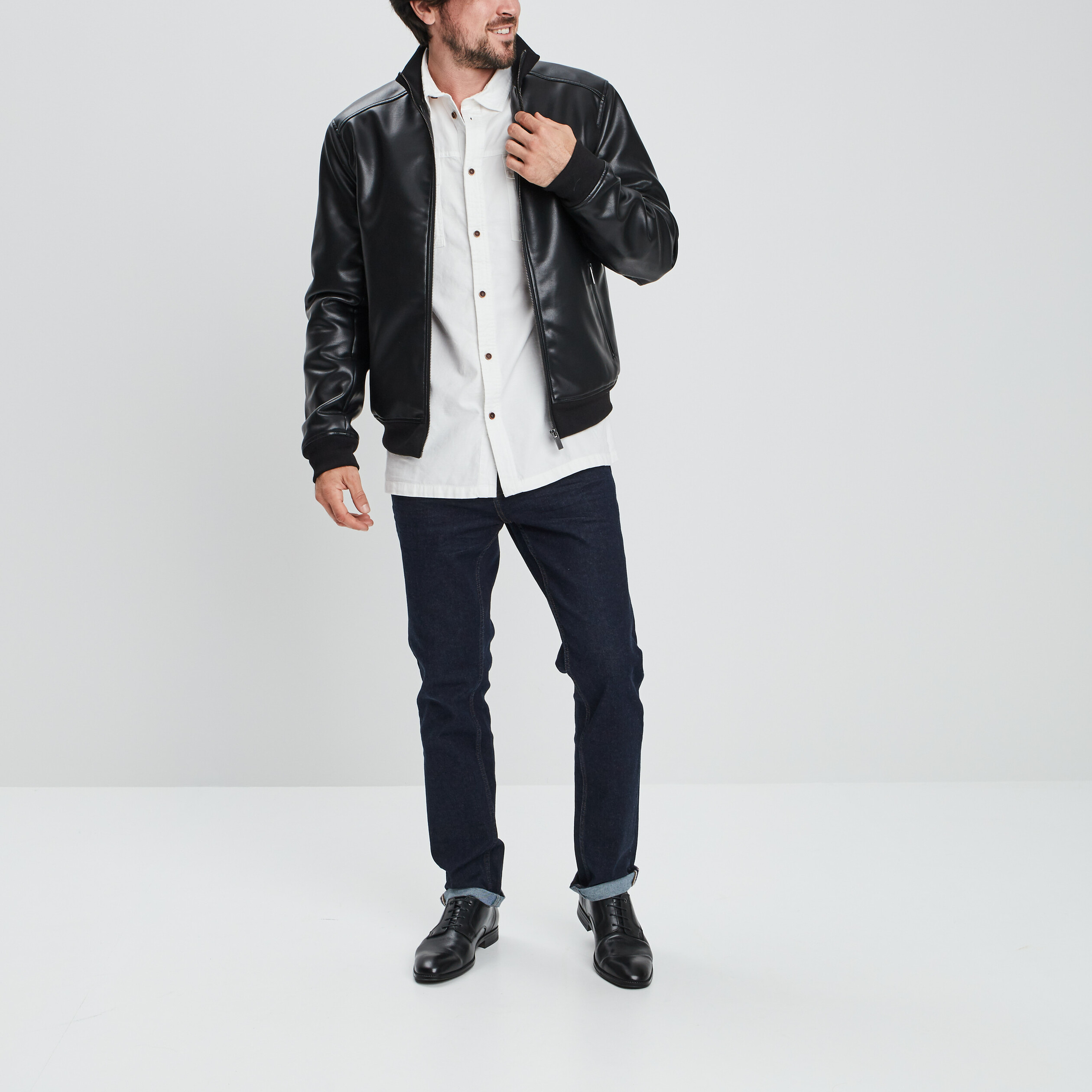 Veste zippée à col montant simili cuir noir homme | La Halle