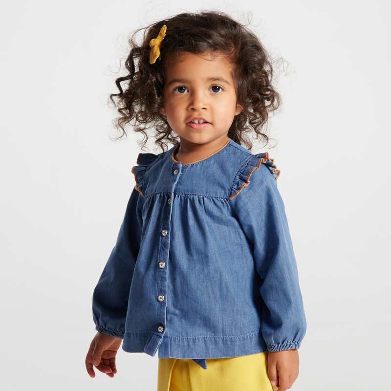 Blouse denim à volants bleue bébé fille