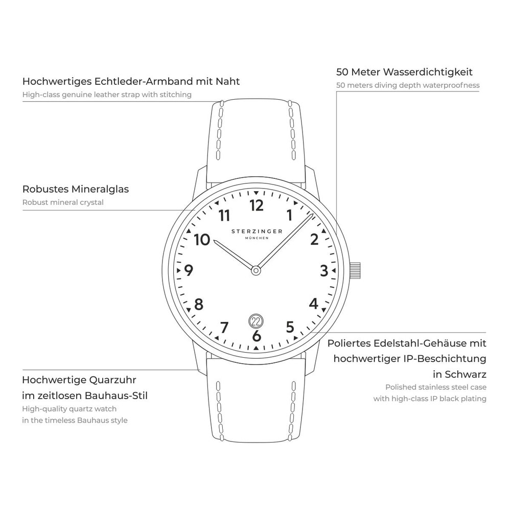 Sterzinger Montre à quartz Urbain en Noir Cuir véritable en Noir Montre